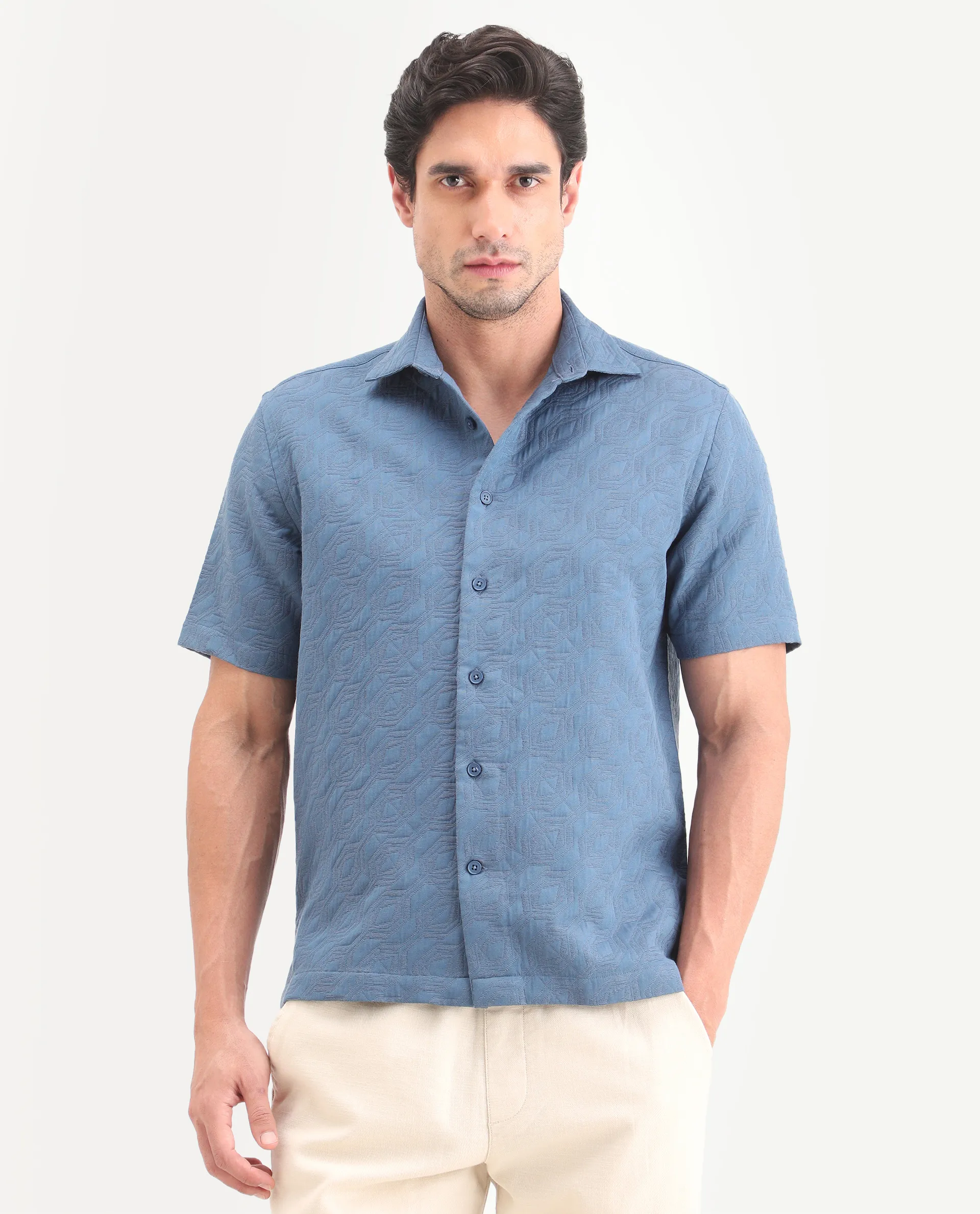 Rare Rabbit Men's Wedel Blue Cotton Fabric Half Sleeve Spread Collar Regular Fit Jacquard Shirt - Image 4