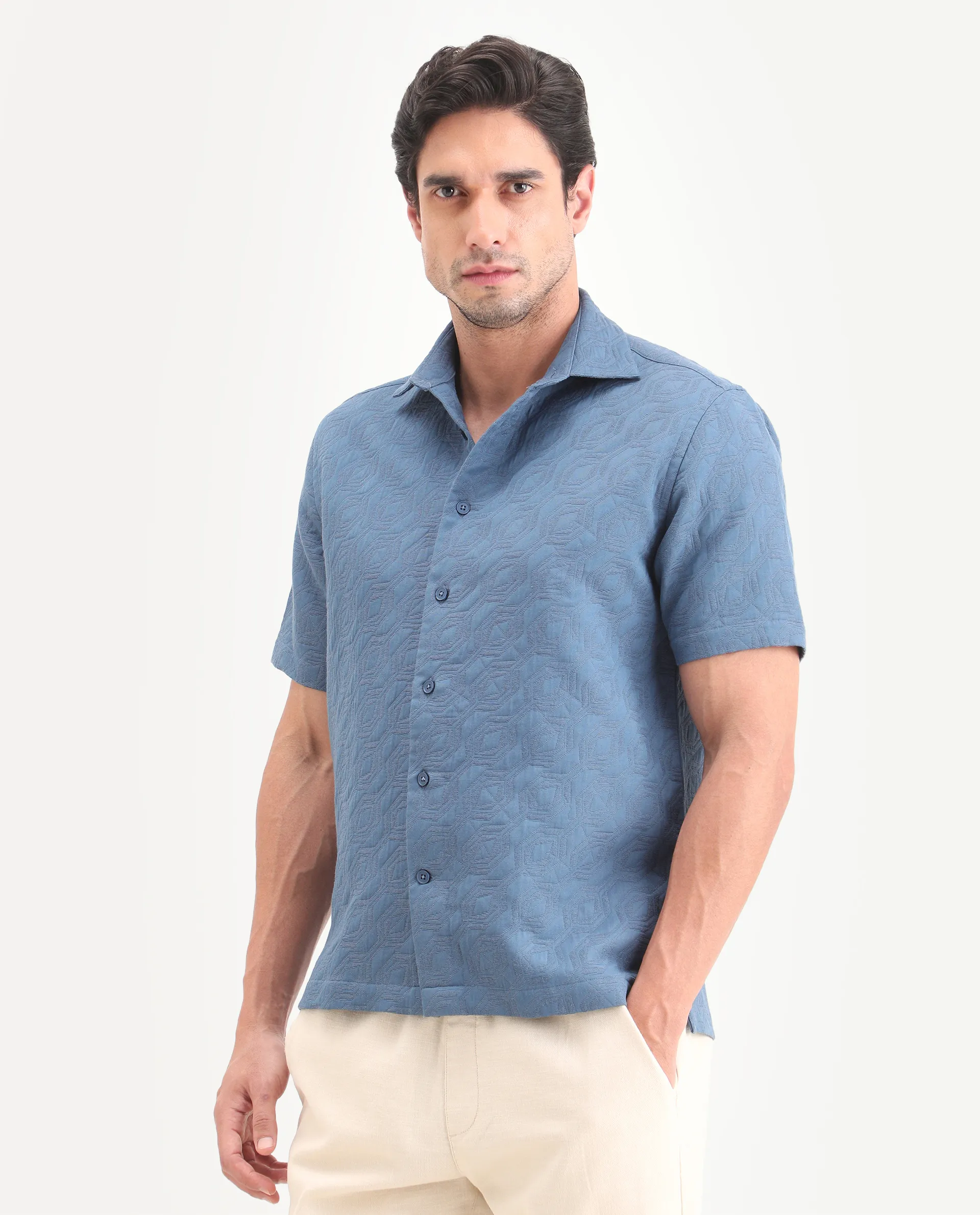Rare Rabbit Men's Wedel Blue Cotton Fabric Half Sleeve Spread Collar Regular Fit Jacquard Shirt - Image 5