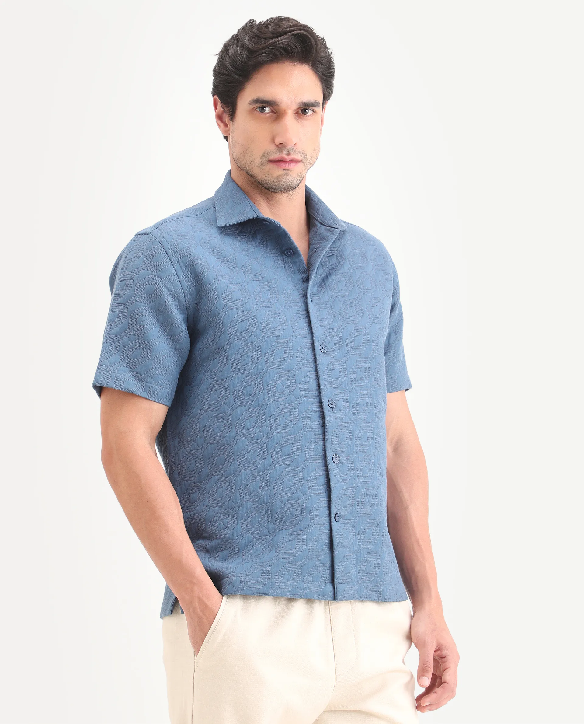 Rare Rabbit Men's Wedel Blue Cotton Fabric Half Sleeve Spread Collar Regular Fit Jacquard Shirt - Image 6