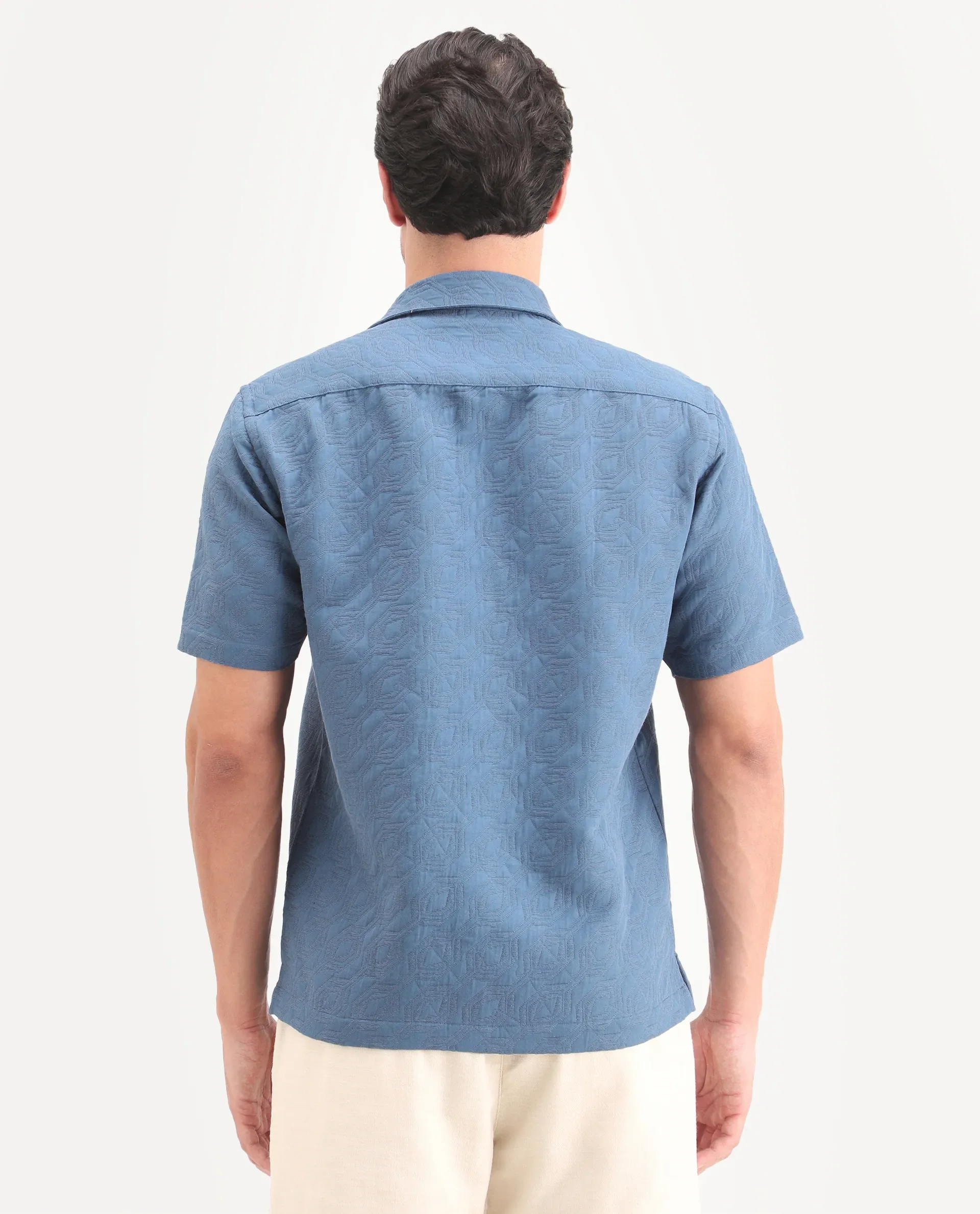 Rare Rabbit Men's Wedel Blue Cotton Fabric Half Sleeve Spread Collar Regular Fit Jacquard Shirt - Image 7