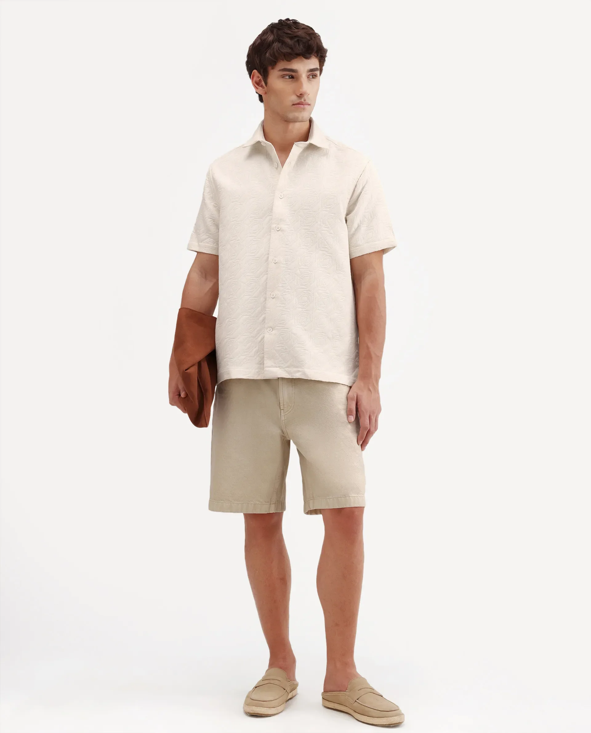 Rare Rabbit Men's Wedel Off White Cotton Fabric Half Sleeve Spread Collar Regular Fit Jacquard Shirt - Image 2
