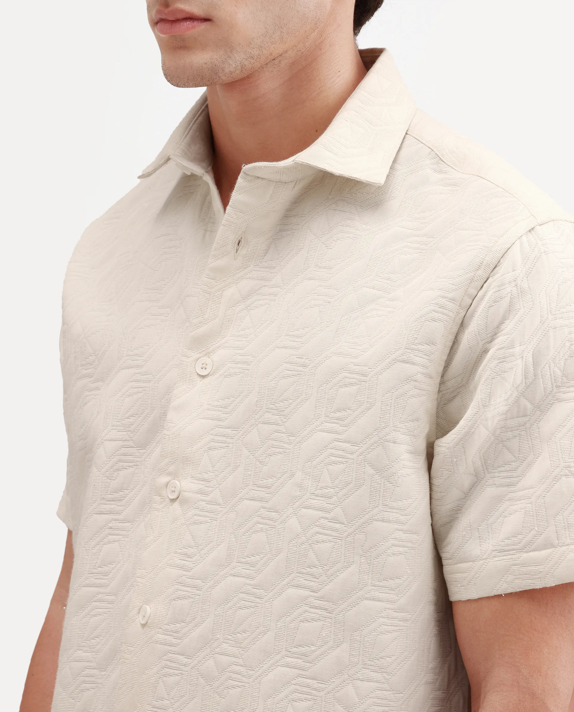 Rare Rabbit Men's Wedel Off White Cotton Fabric Half Sleeve Spread Collar Regular Fit Jacquard Shirt - Image 3