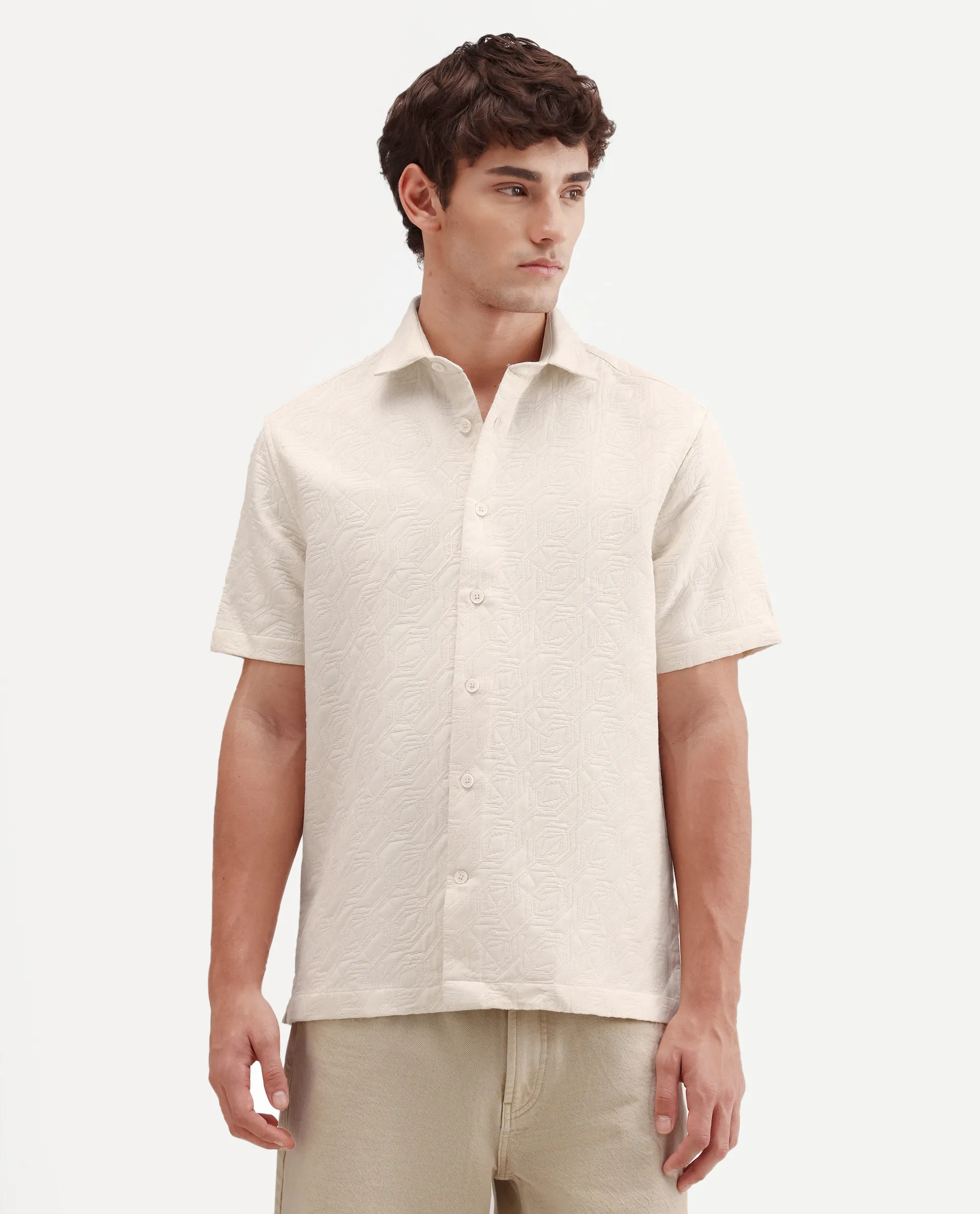 Rare Rabbit Men's Wedel Off White Cotton Fabric Half Sleeve Spread Collar Regular Fit Jacquard Shirt - Image 4