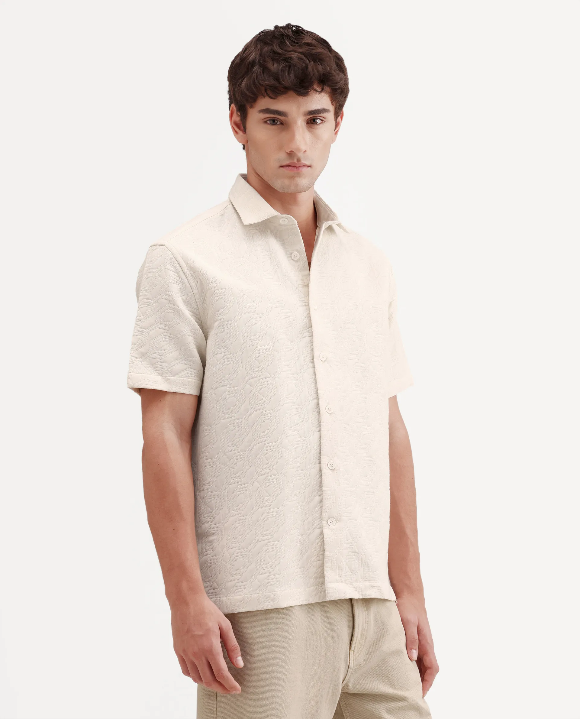 Rare Rabbit Men's Wedel Off White Cotton Fabric Half Sleeve Spread Collar Regular Fit Jacquard Shirt - Image 5