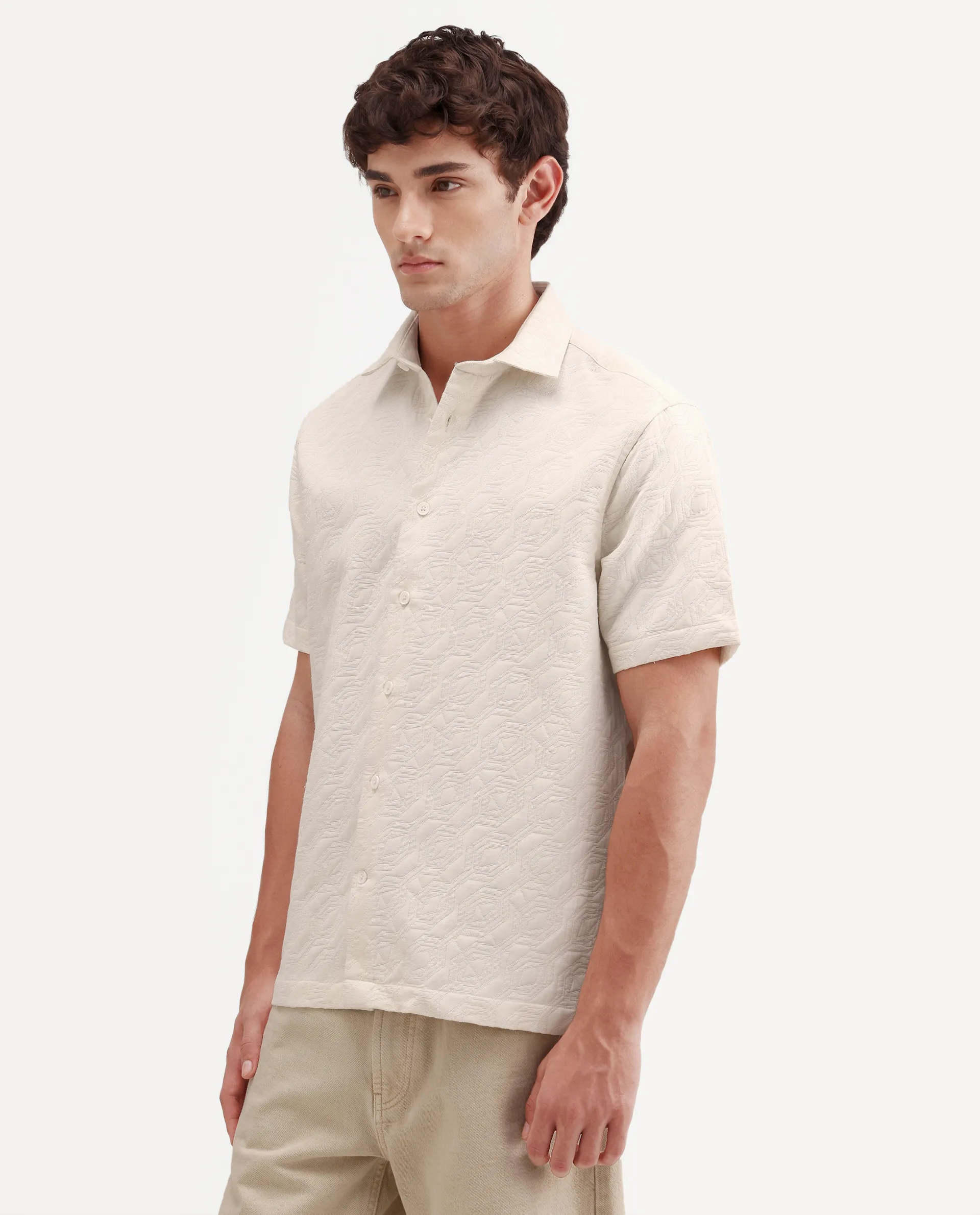 Rare Rabbit Men's Wedel Off White Cotton Fabric Half Sleeve Spread Collar Regular Fit Jacquard Shirt - Image 6