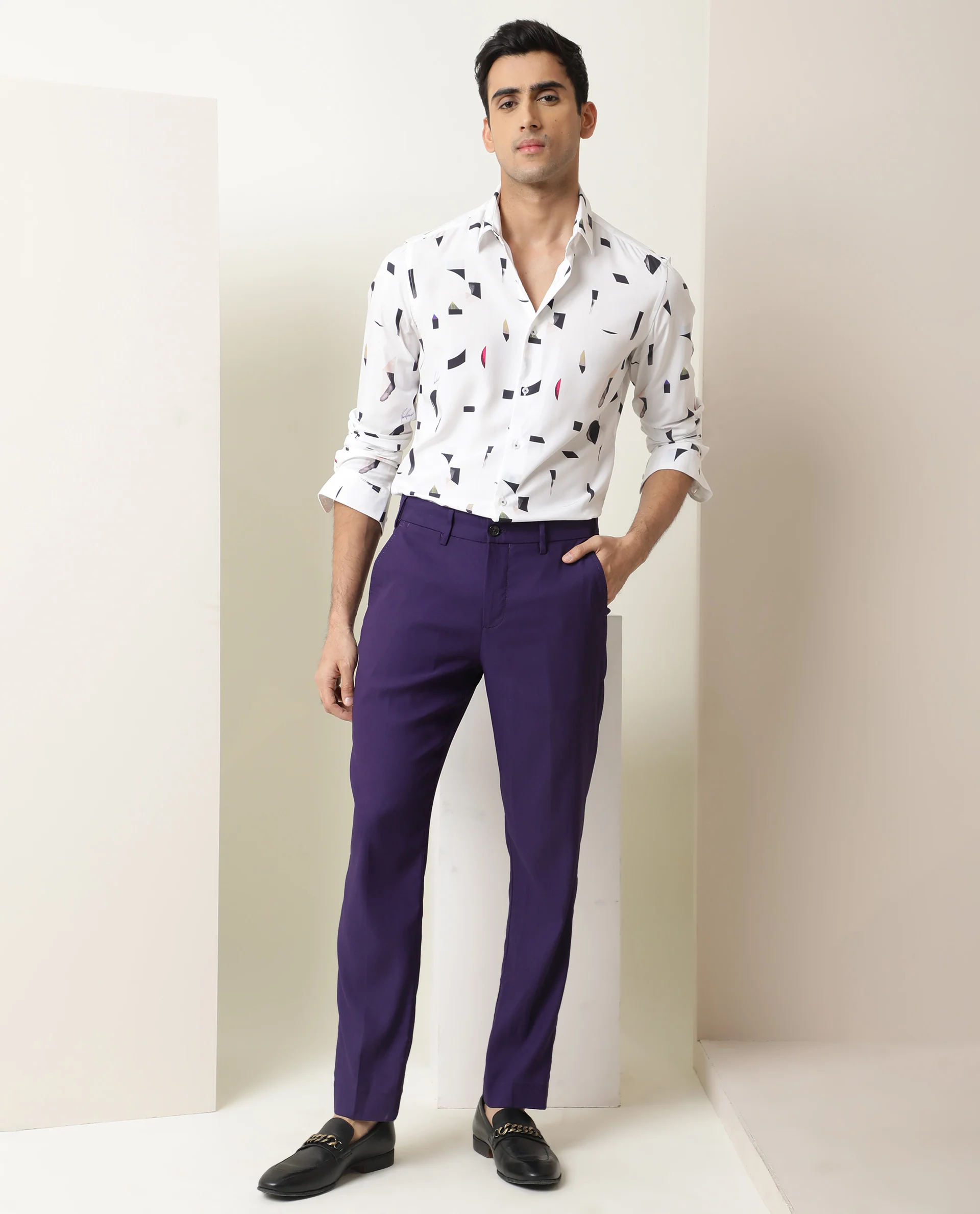 Rare Rabbit Men's Wedge White Cotton Abstract Print Regular Fit Full Sleeve Collared Shirt - Image 2