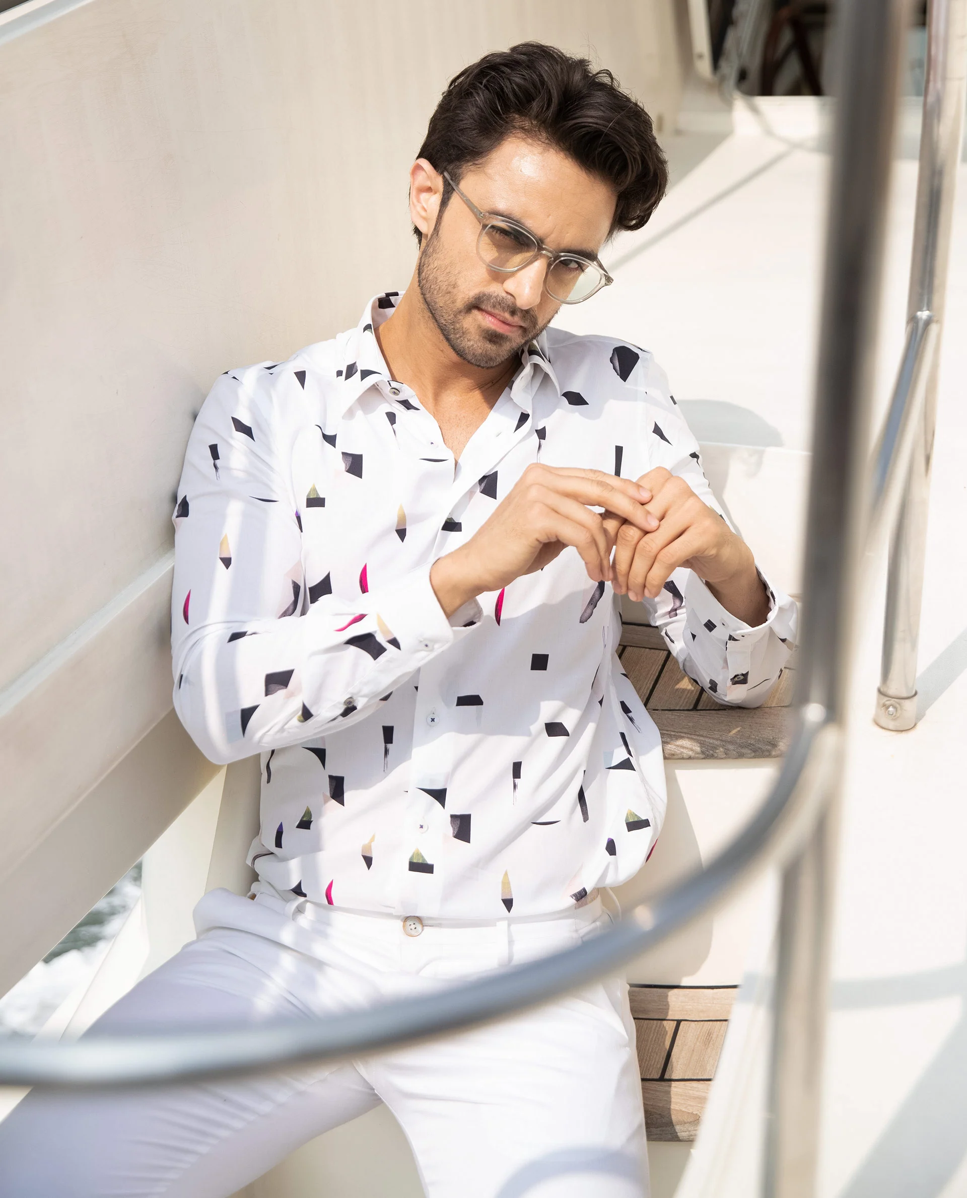 Rare Rabbit Men's Wedge White Cotton Abstract Print Regular Fit Full Sleeve Collared Shirt - Image 5
