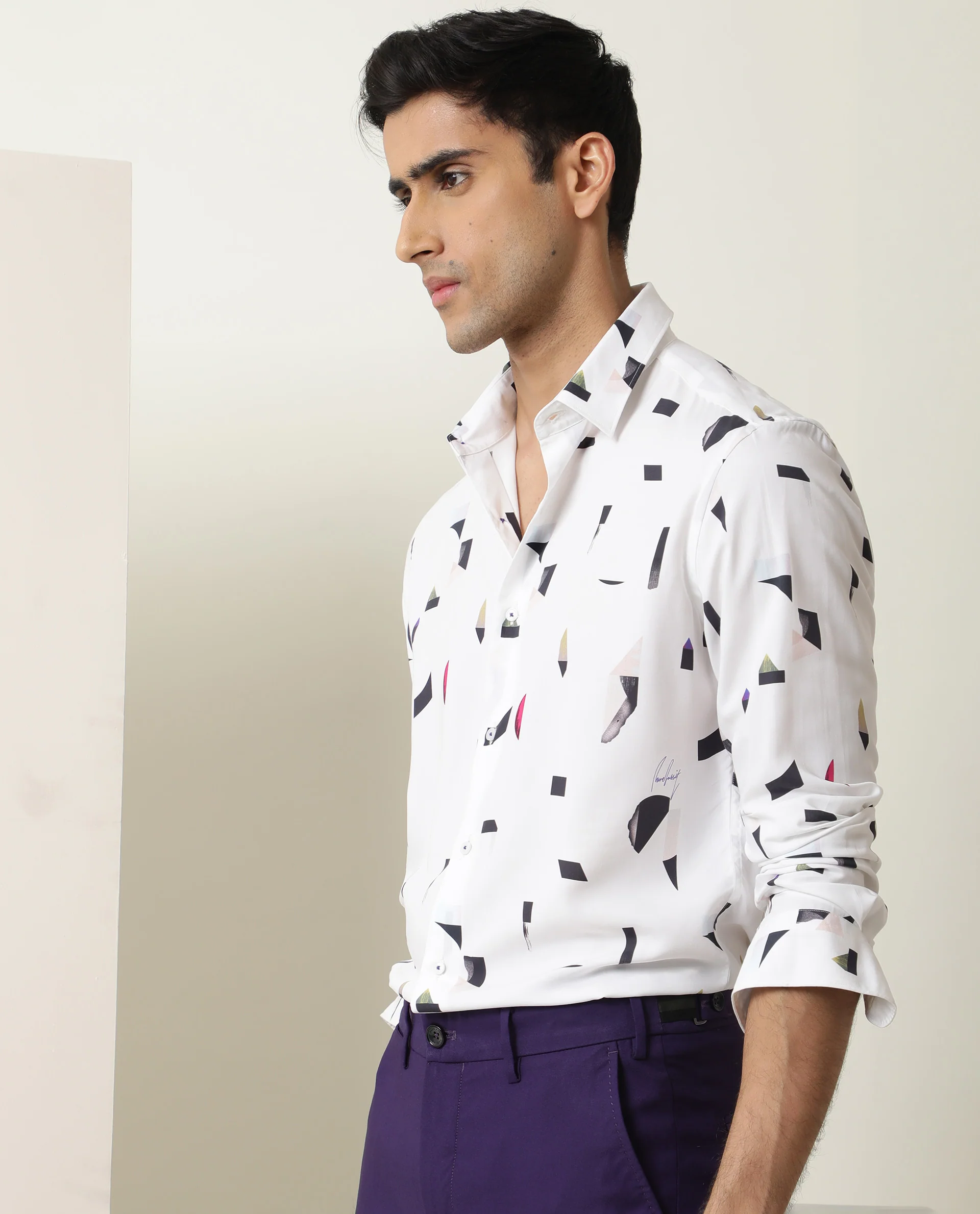 Rare Rabbit Men's Wedge White Cotton Abstract Print Regular Fit Full Sleeve Collared Shirt - Image 6