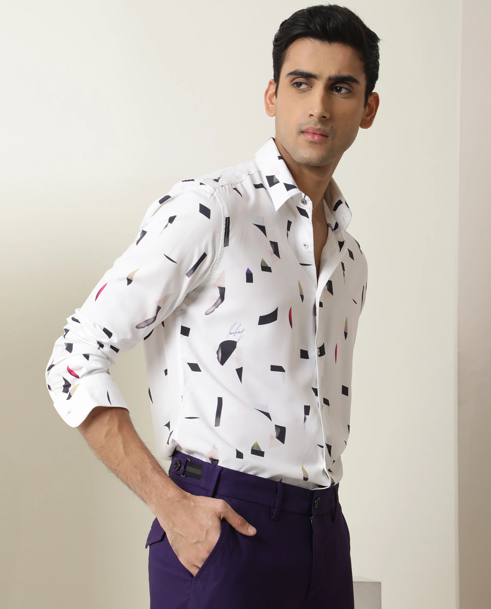Rare Rabbit Men's Wedge White Cotton Abstract Print Regular Fit Full Sleeve Collared Shirt - Image 7