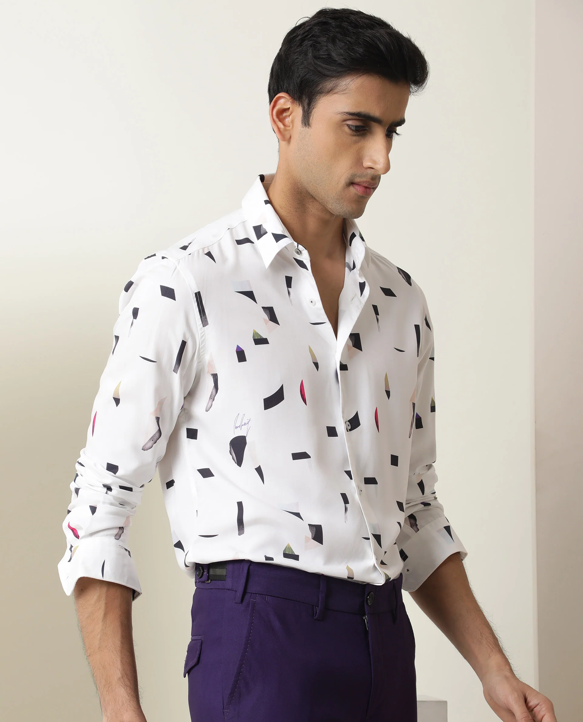 Rare Rabbit Men's Wedge White Cotton Abstract Print Regular Fit Full Sleeve Collared Shirt - Image 8
