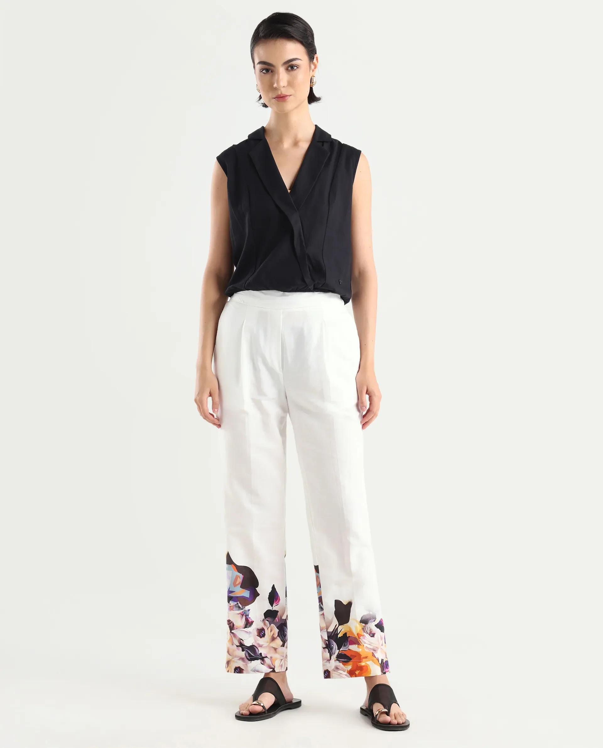 Rareism Women's Weigen White Cotton Floral Print Ankle Length Relaxed Fit Trouser - Image 3