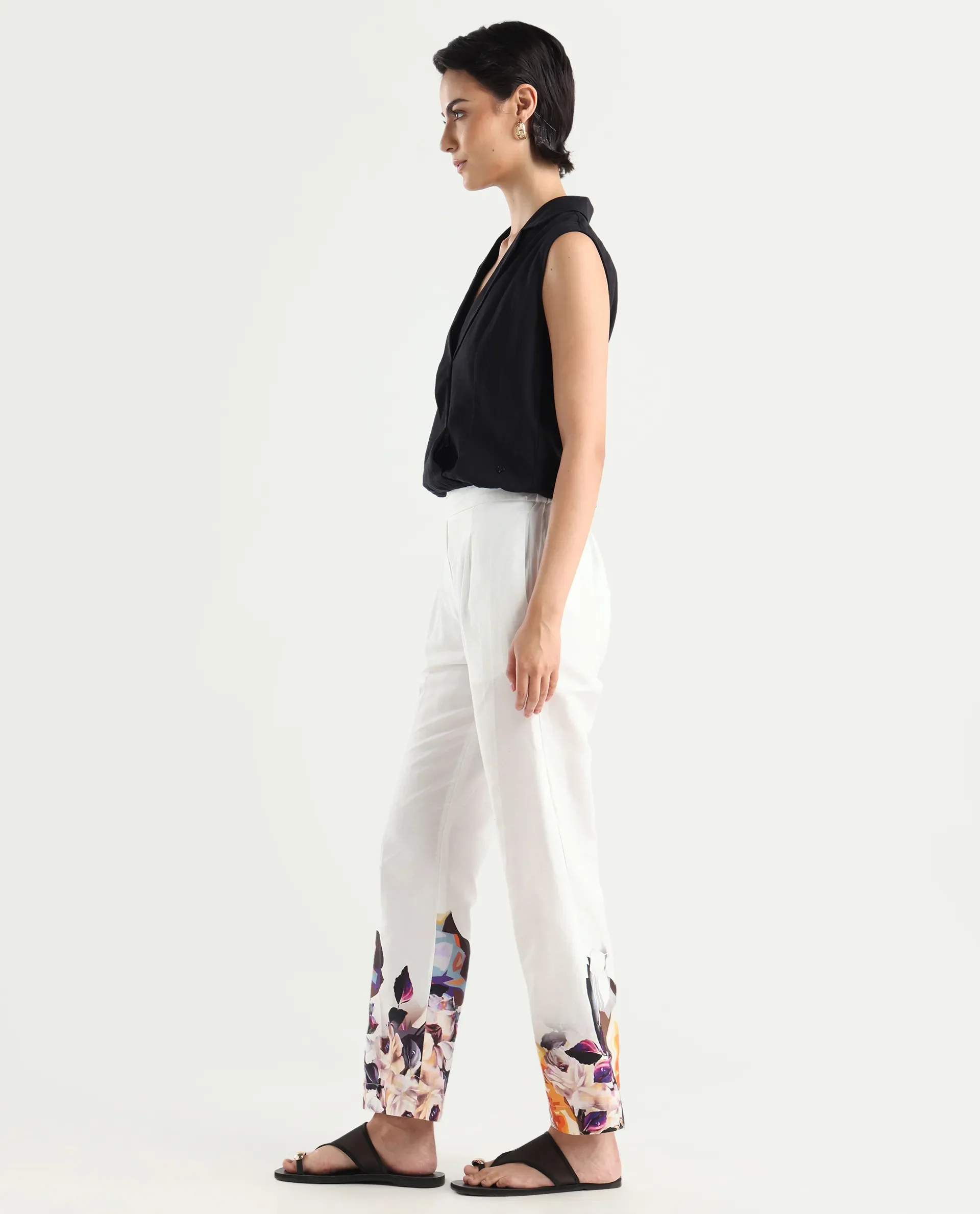 Rareism Women's Weigen White Cotton Floral Print Ankle Length Relaxed Fit Trouser - Image 6