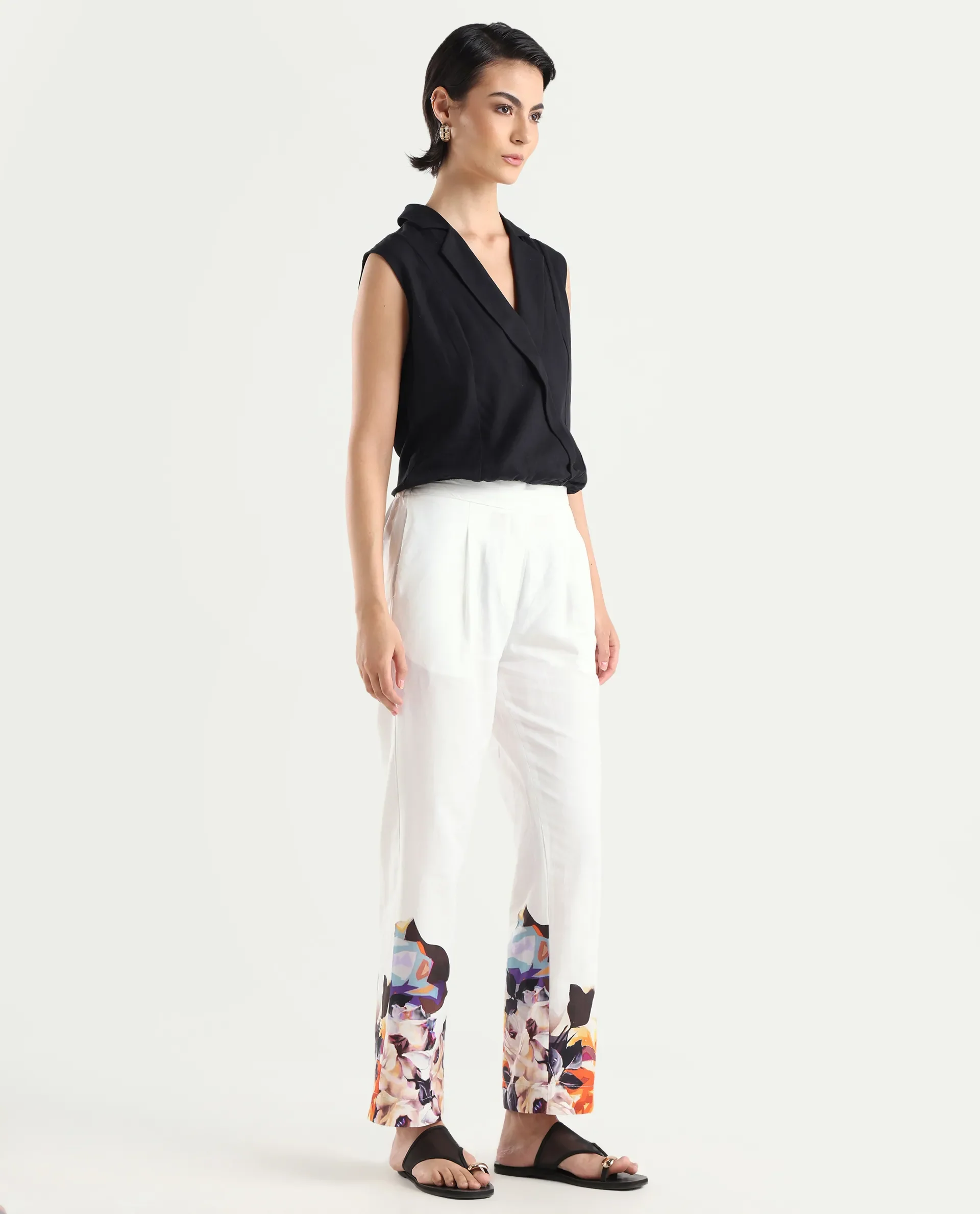 Rareism Women's Weigen White Cotton Floral Print Ankle Length Relaxed Fit Trouser - Image 7