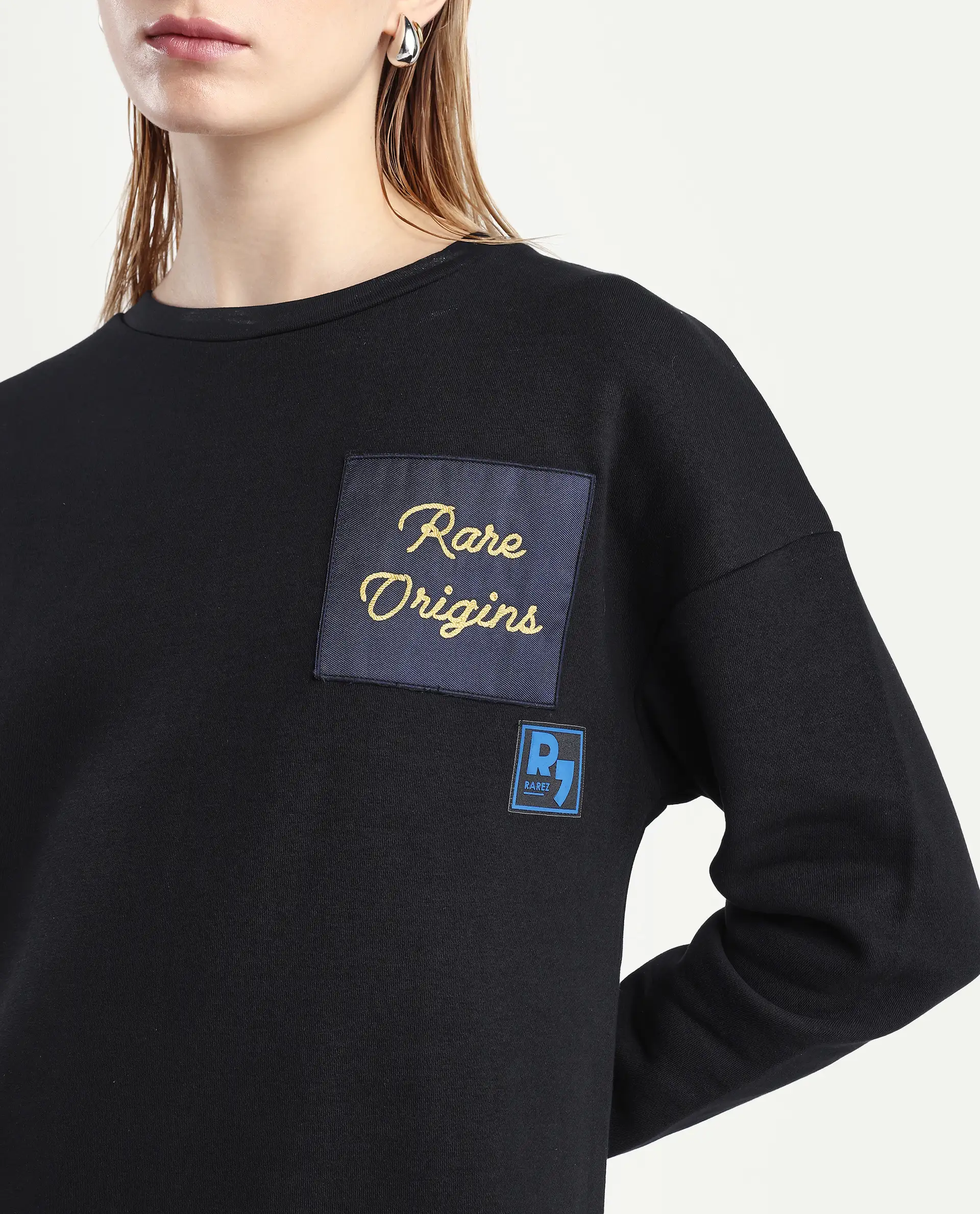 Rareism Women's Wekel Black Cotton Blend Crew Neck Plain Oversized Sweatshirt - Image 4