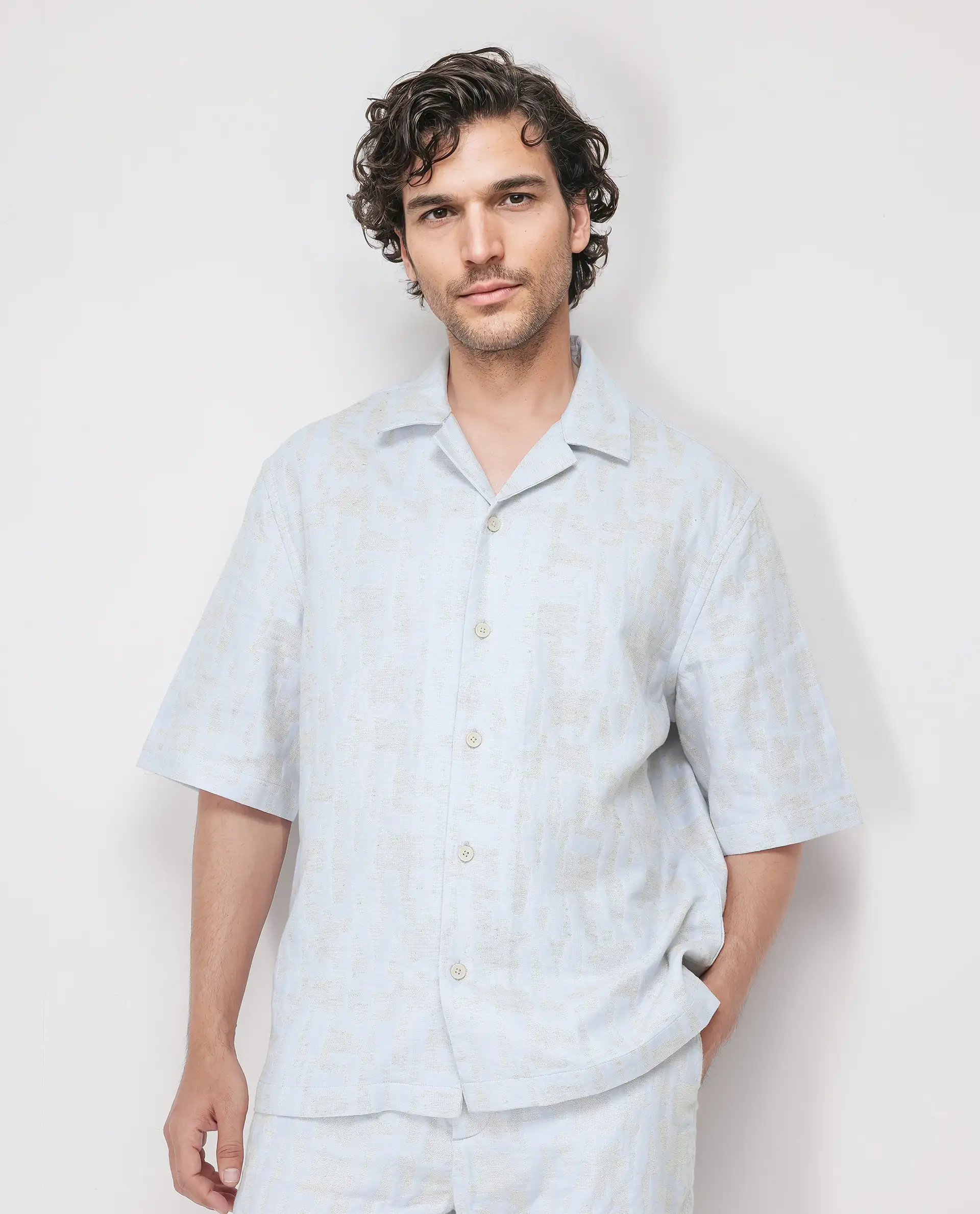 Rare Rabbit Men's Welk Pastel Blue Polyester Blend Jacquard Relaxed Fit Half Sleeve Cuban Collar Shirt