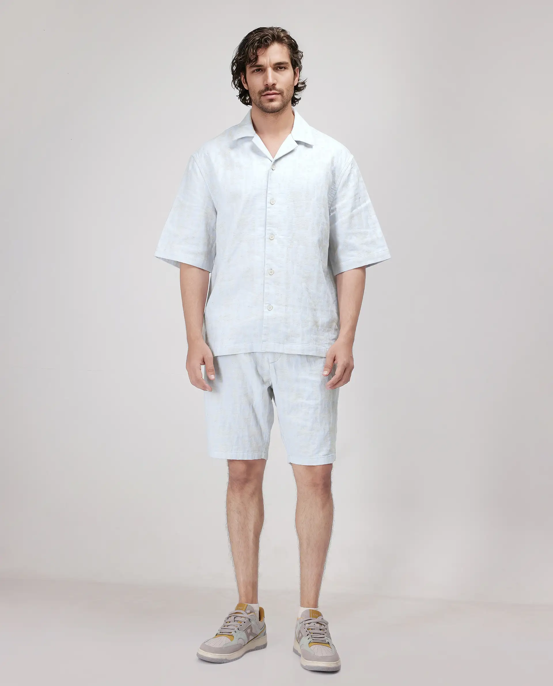 Rare Rabbit Men's Welk Pastel Blue Polyester Blend Jacquard Relaxed Fit Half Sleeve Cuban Collar Shirt - Image 2