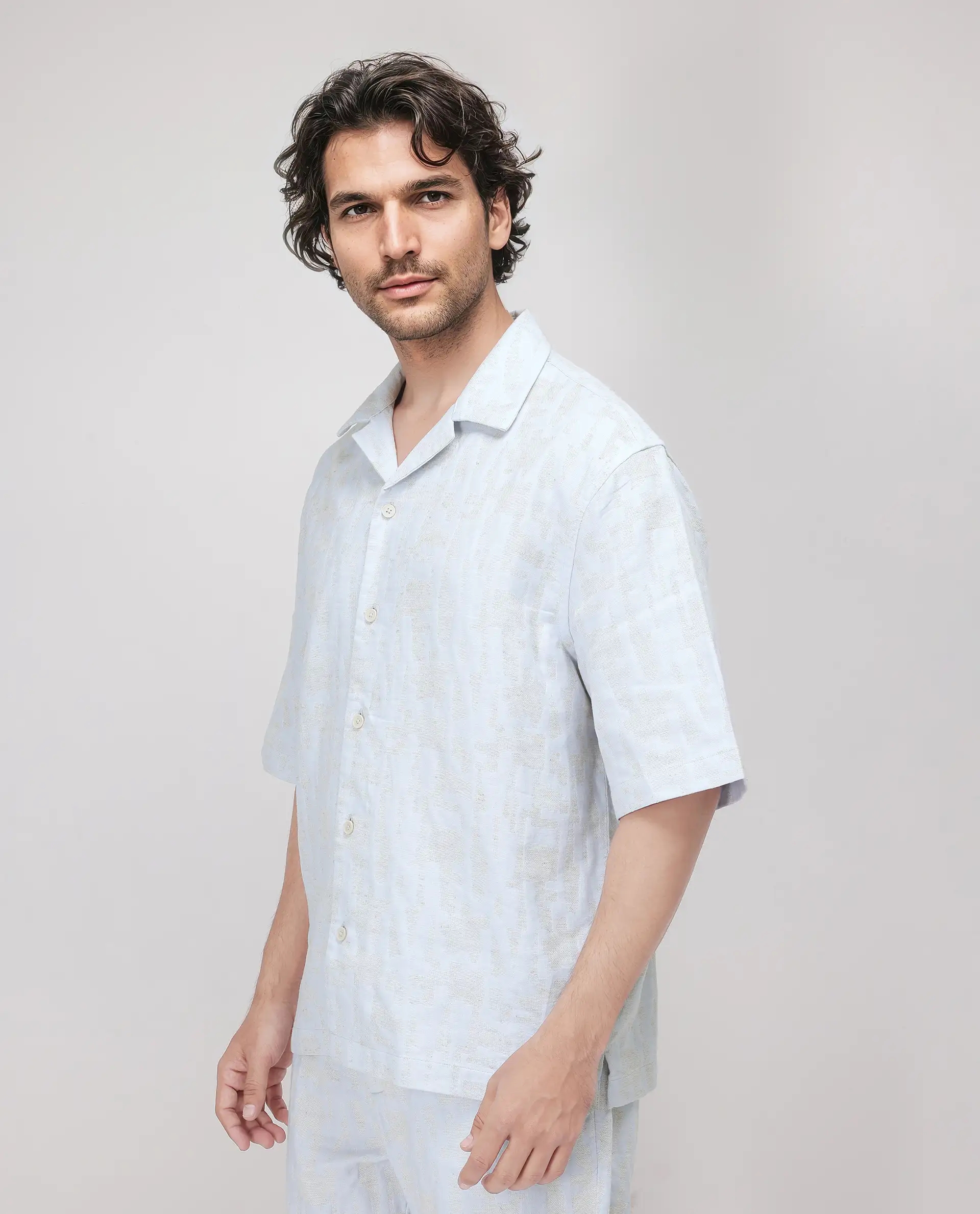 Rare Rabbit Men's Welk Pastel Blue Polyester Blend Jacquard Relaxed Fit Half Sleeve Cuban Collar Shirt - Image 3