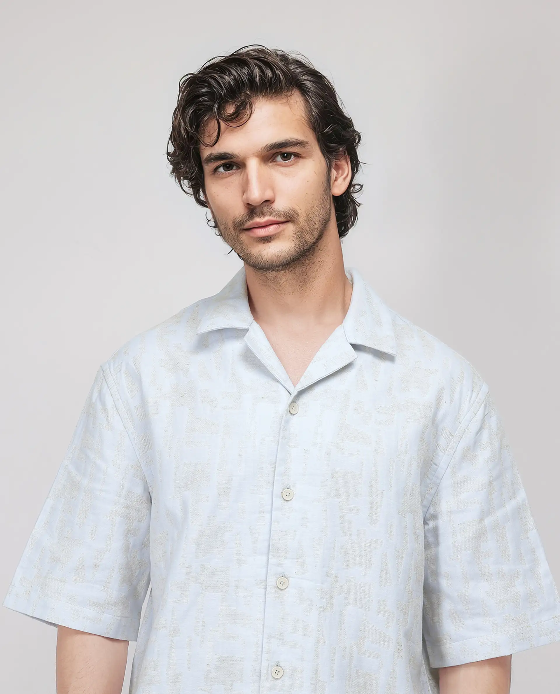 Rare Rabbit Men's Welk Pastel Blue Polyester Blend Jacquard Relaxed Fit Half Sleeve Cuban Collar Shirt - Image 5