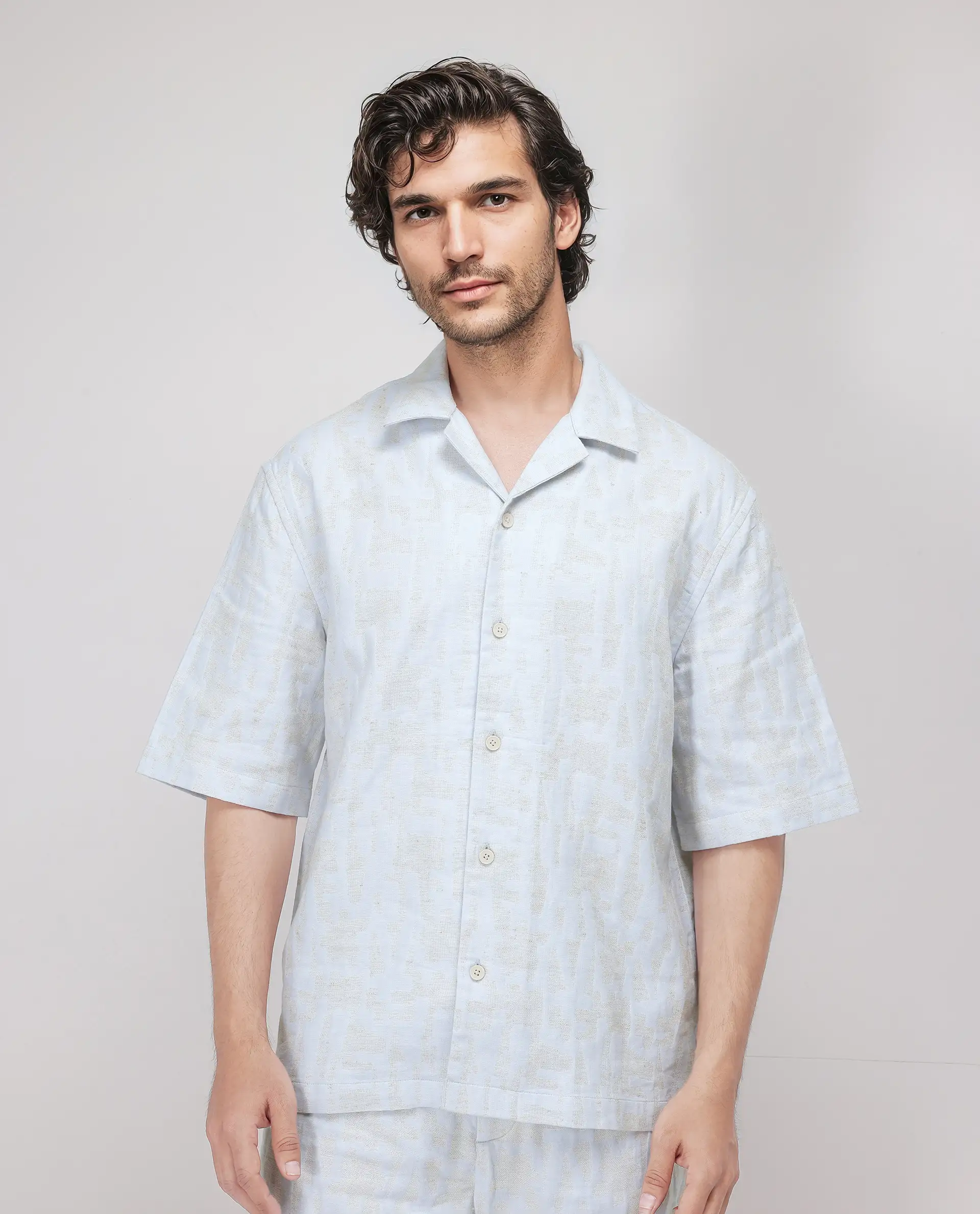 Rare Rabbit Men's Welk Pastel Blue Polyester Blend Jacquard Relaxed Fit Half Sleeve Cuban Collar Shirt - Image 6