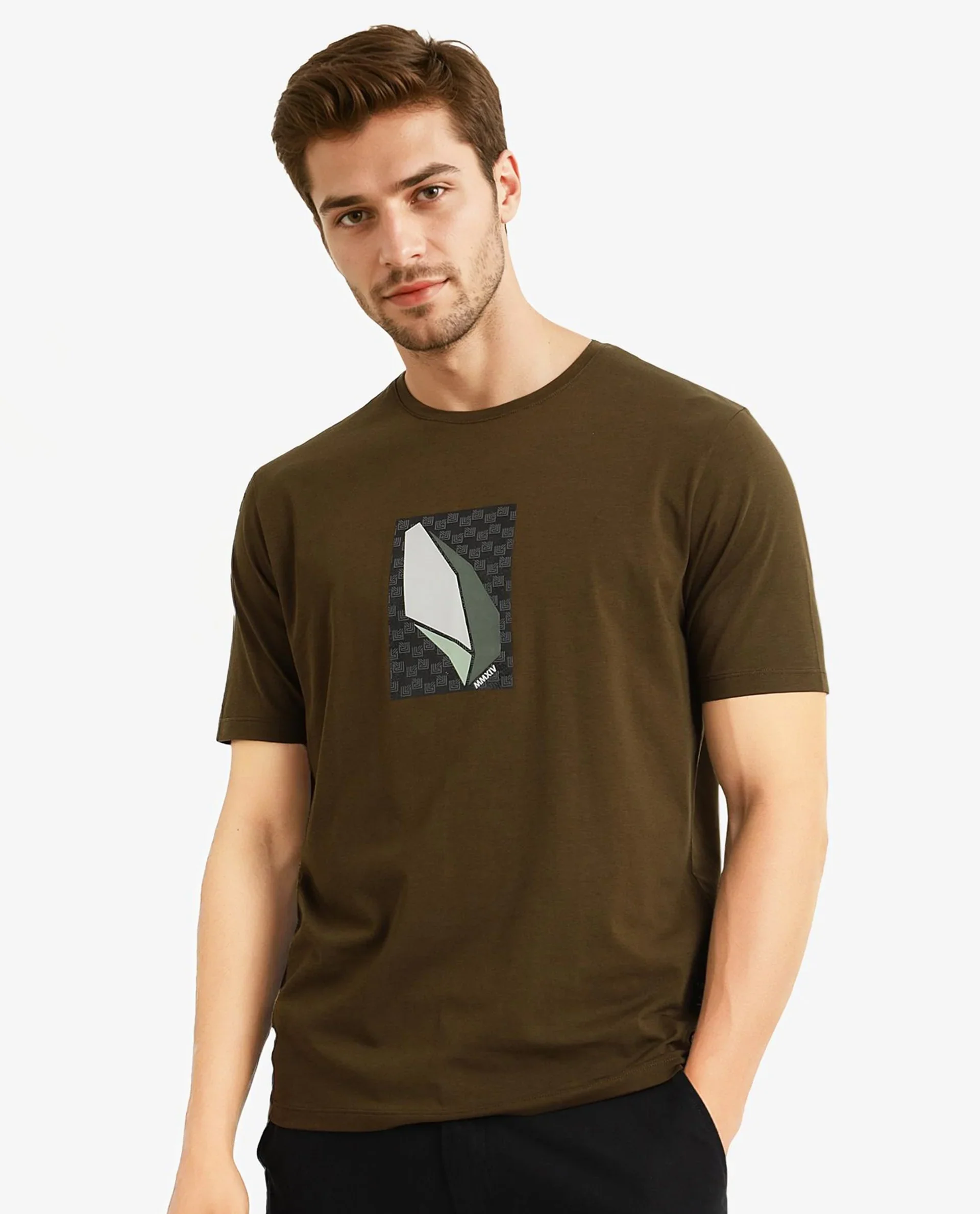 Rare Rabbit Men's Well Dusky Green Cotton Graphic Print Regular Fit Half Sleeve Crew Neck T-Shirt