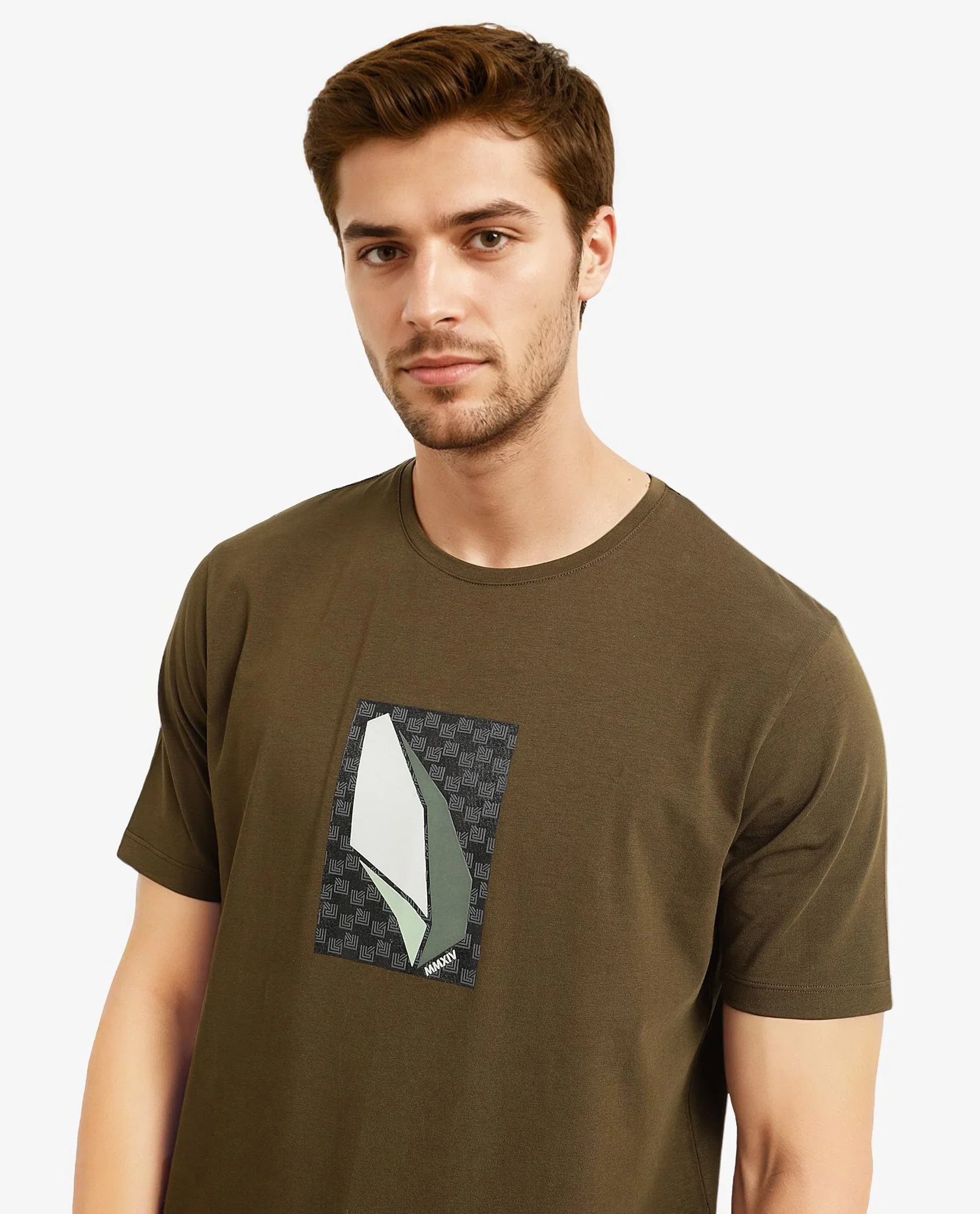 Rare Rabbit Men's Well Dusky Green Cotton Graphic Print Regular Fit Half Sleeve Crew Neck T-Shirt - Image 2