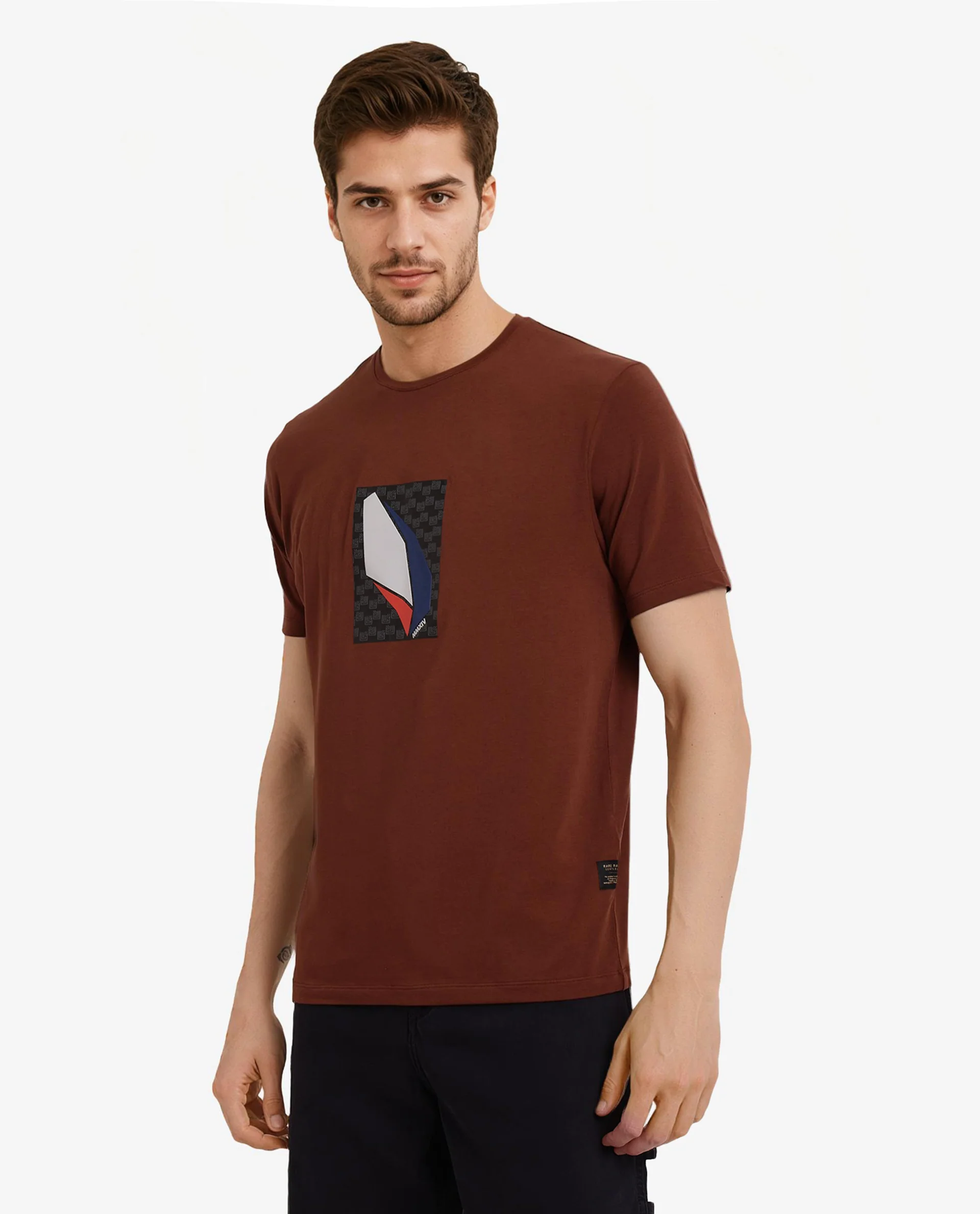 Rare Rabbit Men's Well Rust Cotton Graphic Print Regular Fit Half Sleeve Crew Neck T-Shirt - Image 6