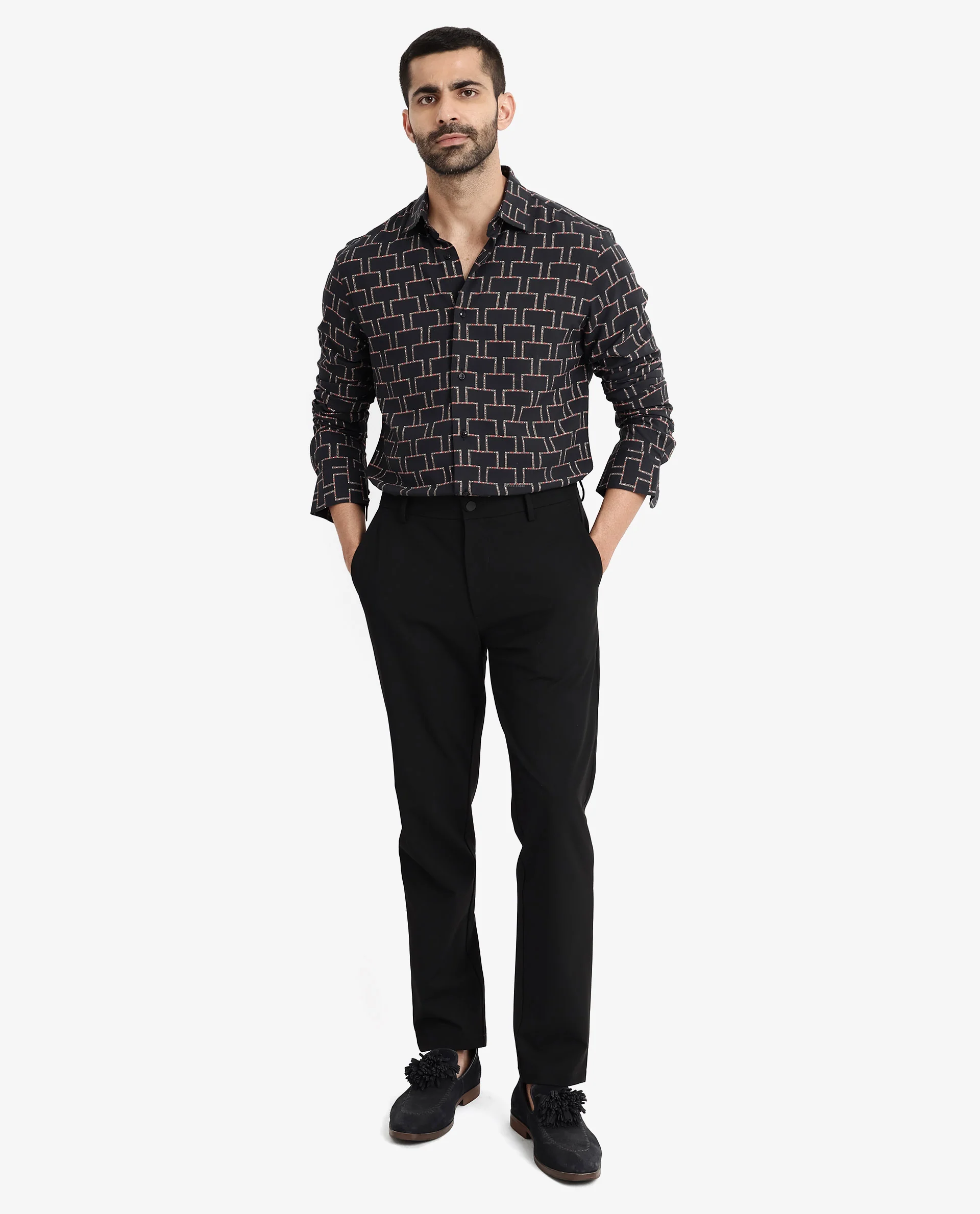Rare Rabbit Men's Wels Black Viscose Geometric Print Regular Fit Full Sleeve Collared Shirt - Image 2