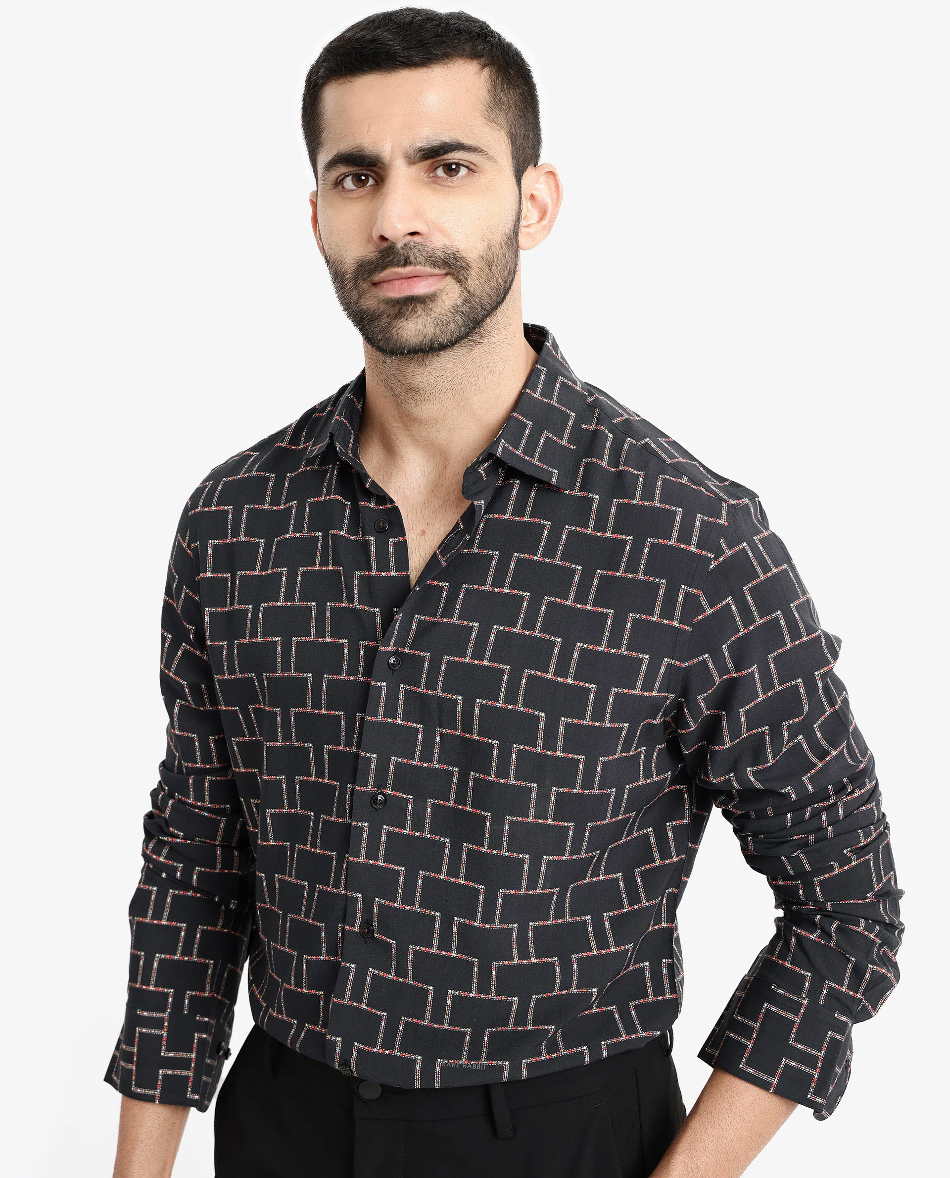 Rare Rabbit Men's Wels Black Viscose Geometric Print Regular Fit Full Sleeve Collared Shirt - Image 3