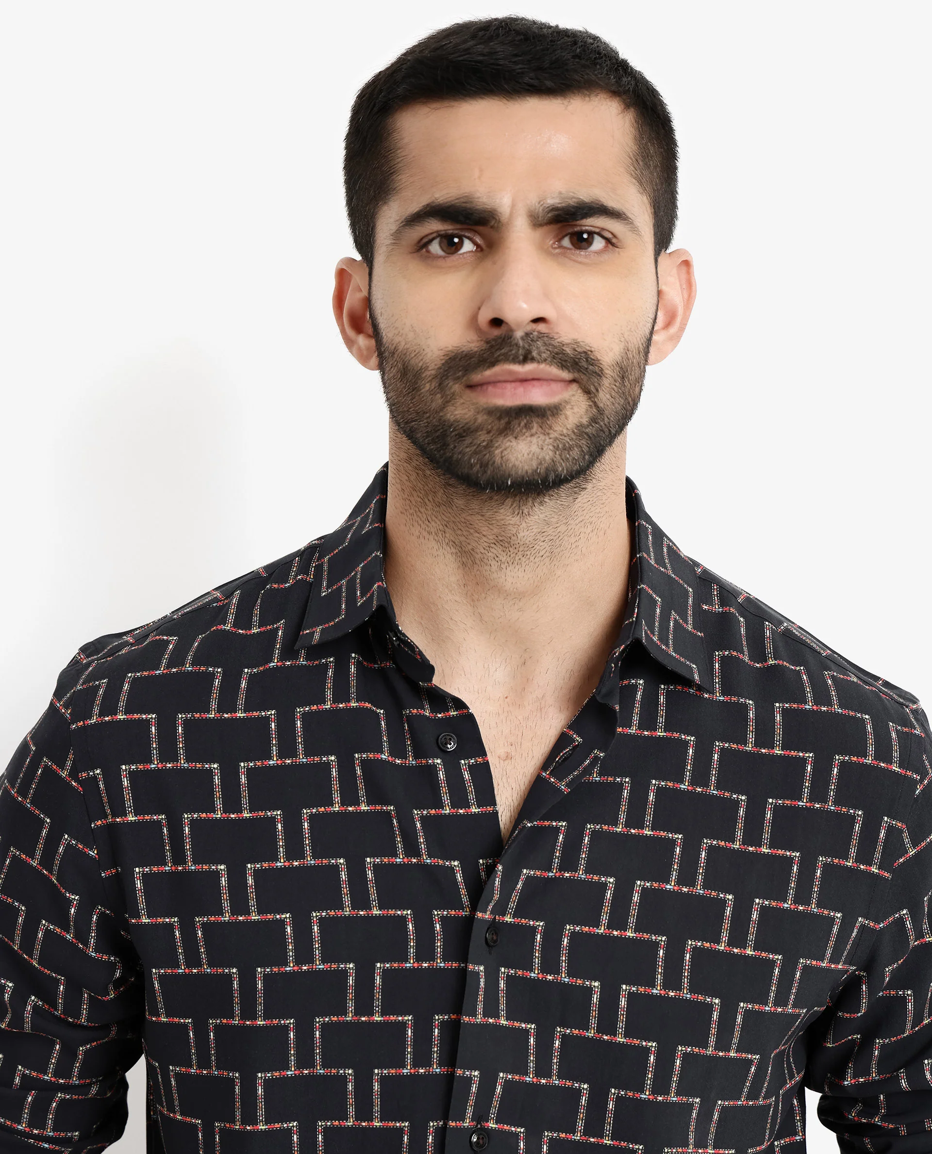 Rare Rabbit Men's Wels Black Viscose Geometric Print Regular Fit Full Sleeve Collared Shirt - Image 4