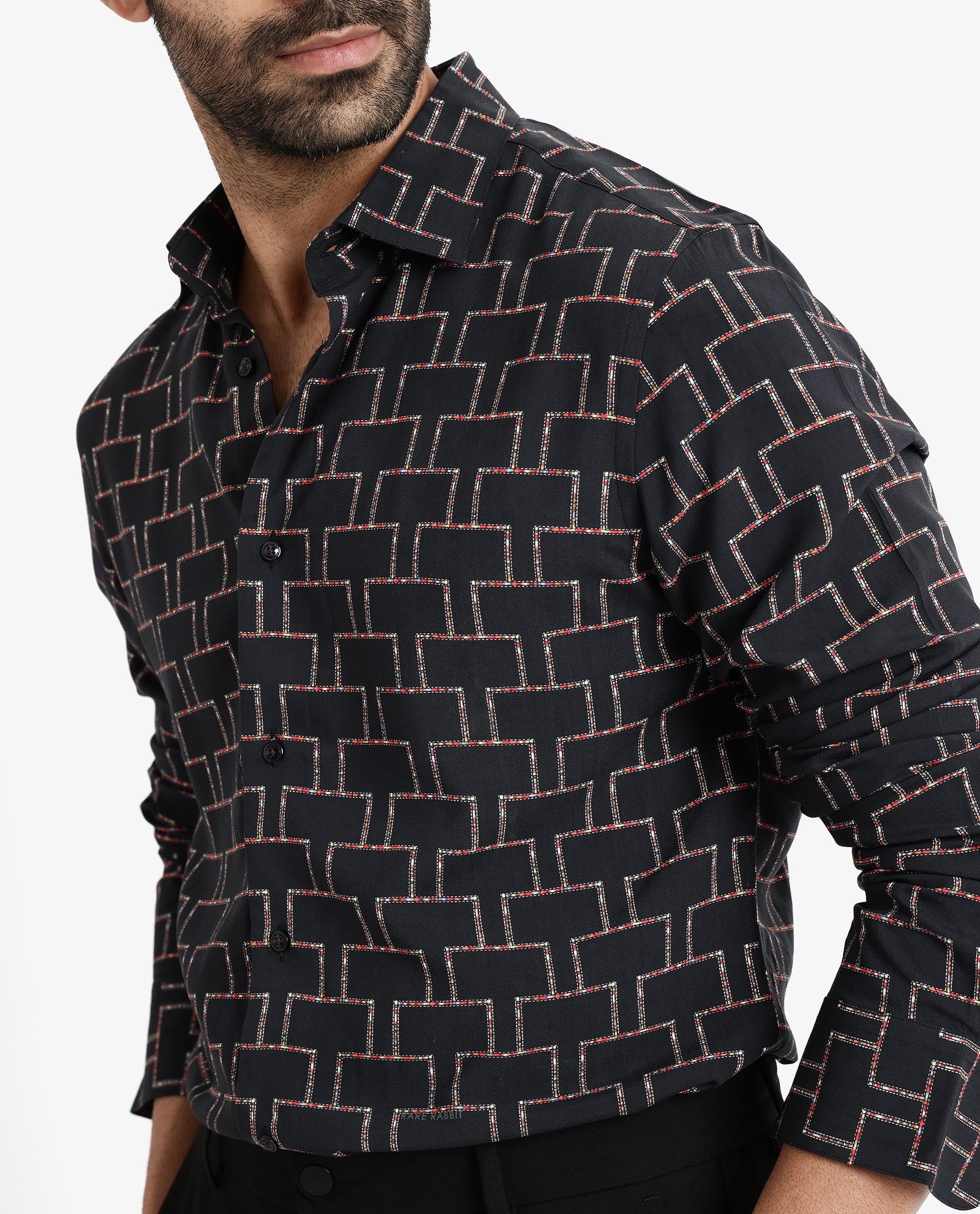 Rare Rabbit Men's Wels Black Viscose Geometric Print Regular Fit Full Sleeve Collared Shirt - Image 5