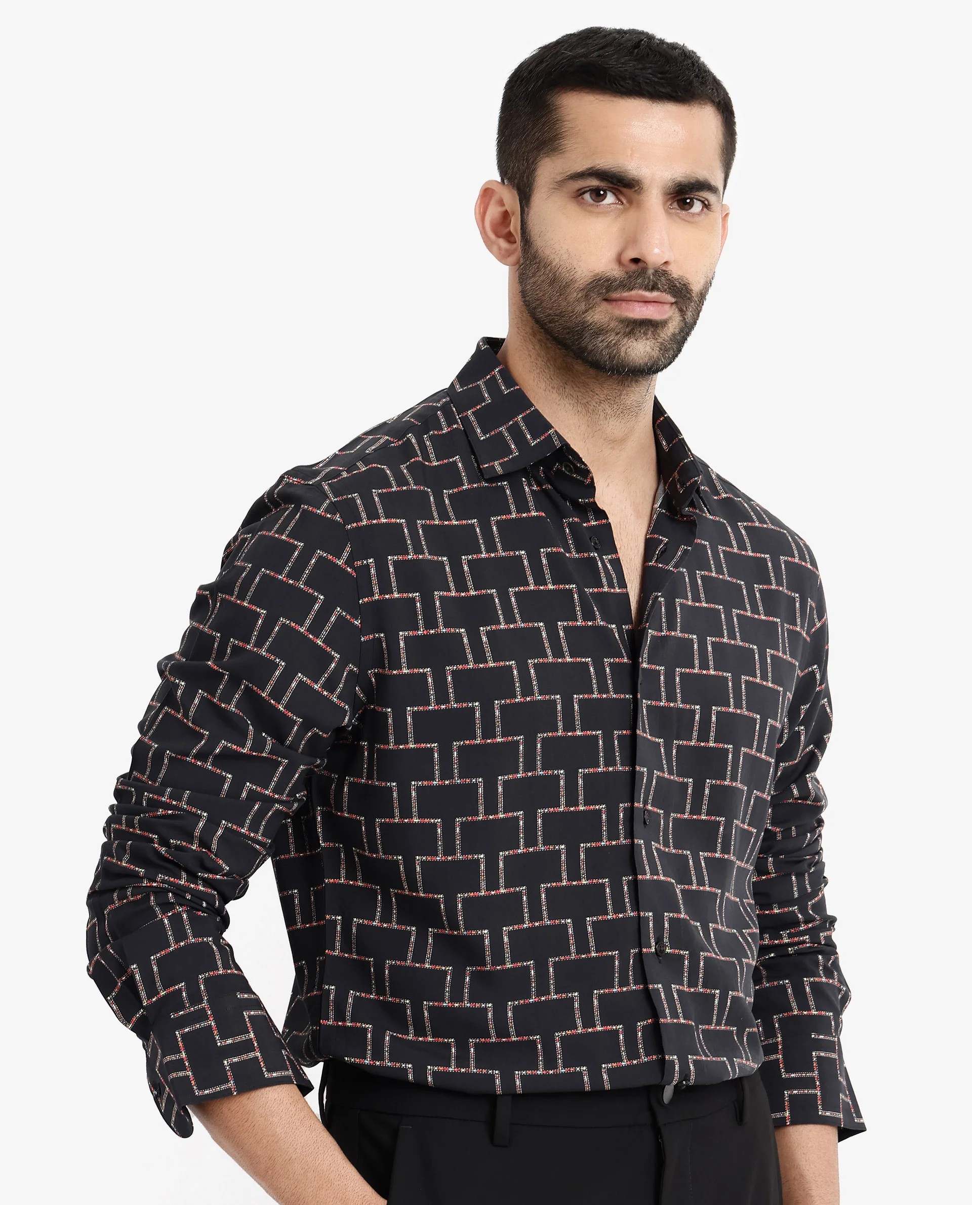 Rare Rabbit Men's Wels Black Viscose Geometric Print Regular Fit Full Sleeve Collared Shirt - Image 6