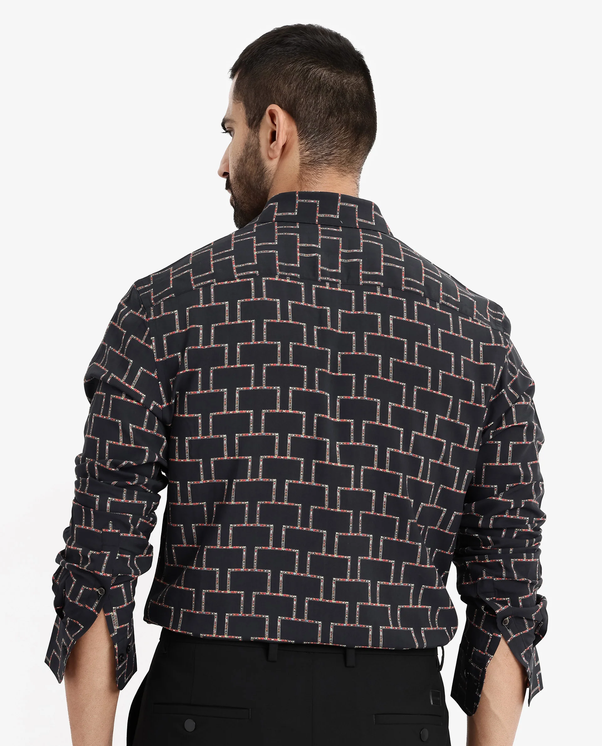 Rare Rabbit Men's Wels Black Viscose Geometric Print Regular Fit Full Sleeve Collared Shirt - Image 7