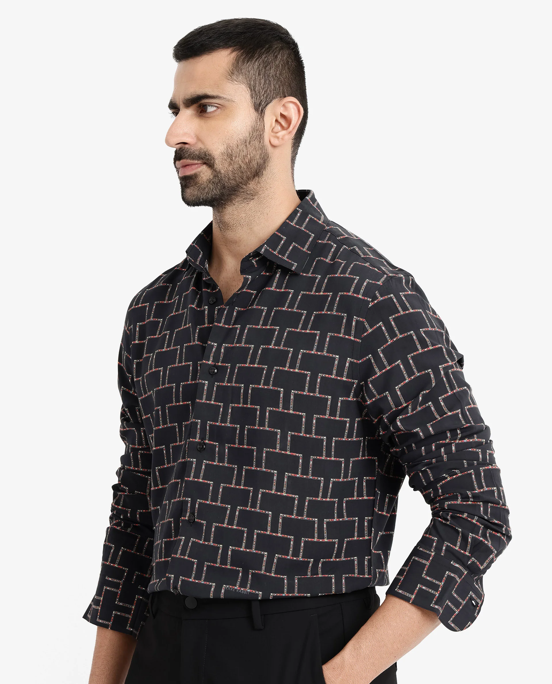 Rare Rabbit Men's Wels Black Viscose Geometric Print Regular Fit Full Sleeve Collared Shirt - Image 8