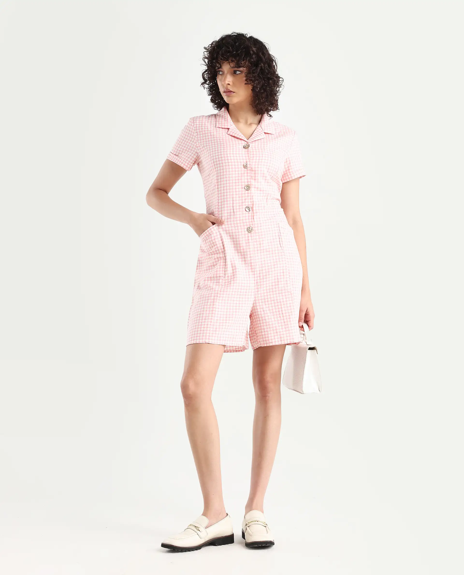 Rareism Women's Welt Peach Cotton Blend Lapel Neck Checked Regular Fit Playsuit - Image 2