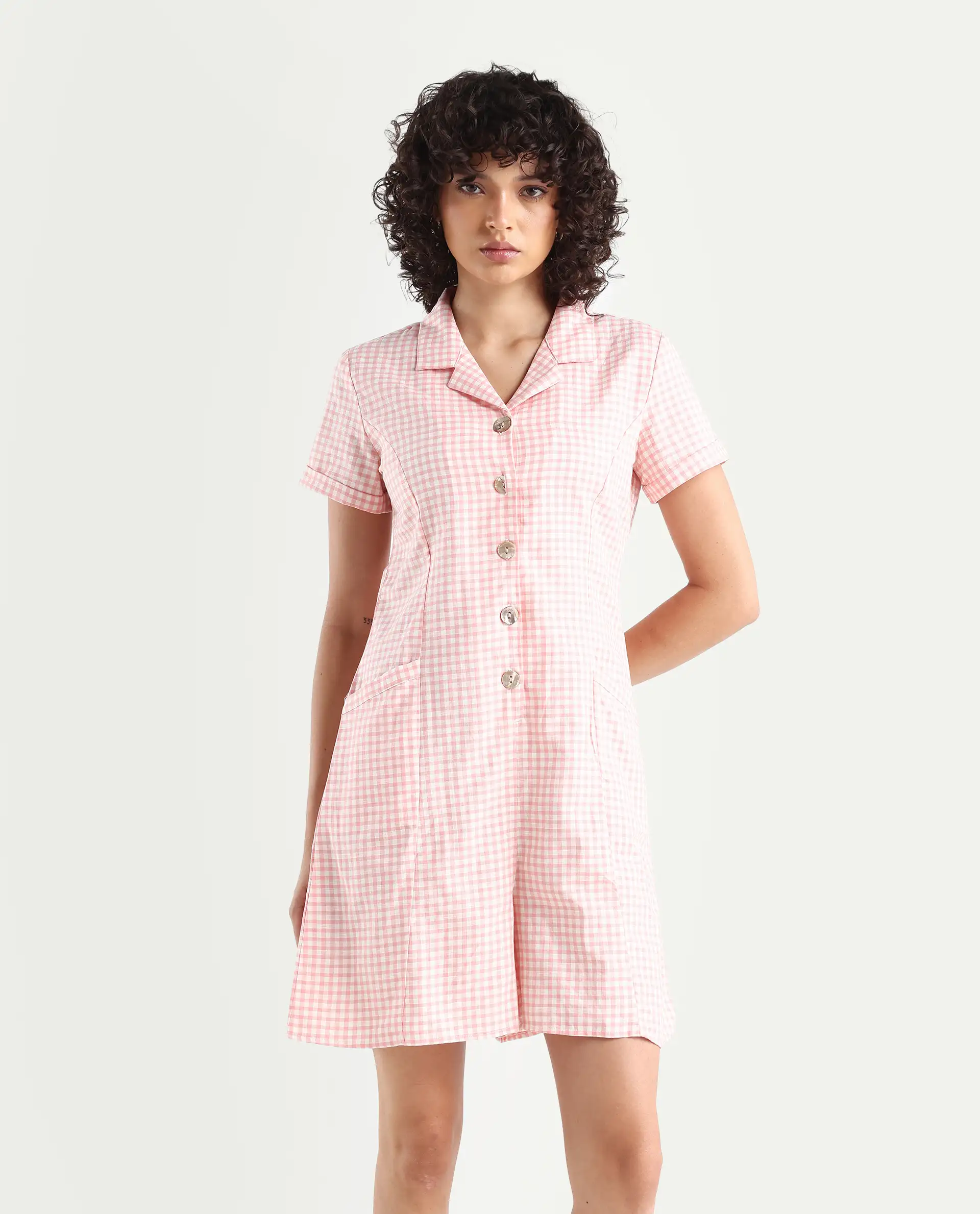 Rareism Women's Welt Peach Cotton Blend Lapel Neck Checked Regular Fit Playsuit - Image 3