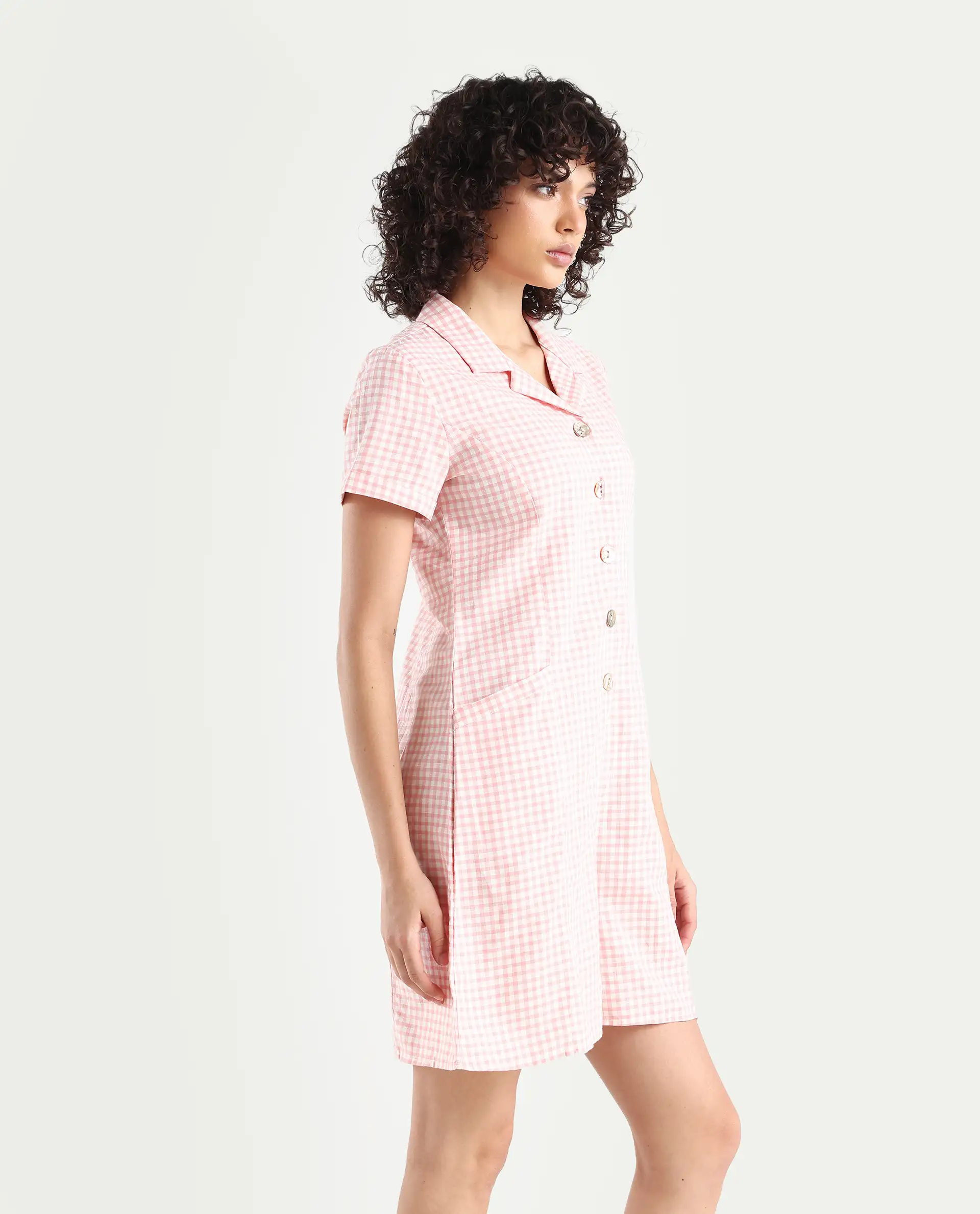 Rareism Women's Welt Peach Cotton Blend Lapel Neck Checked Regular Fit Playsuit - Image 6