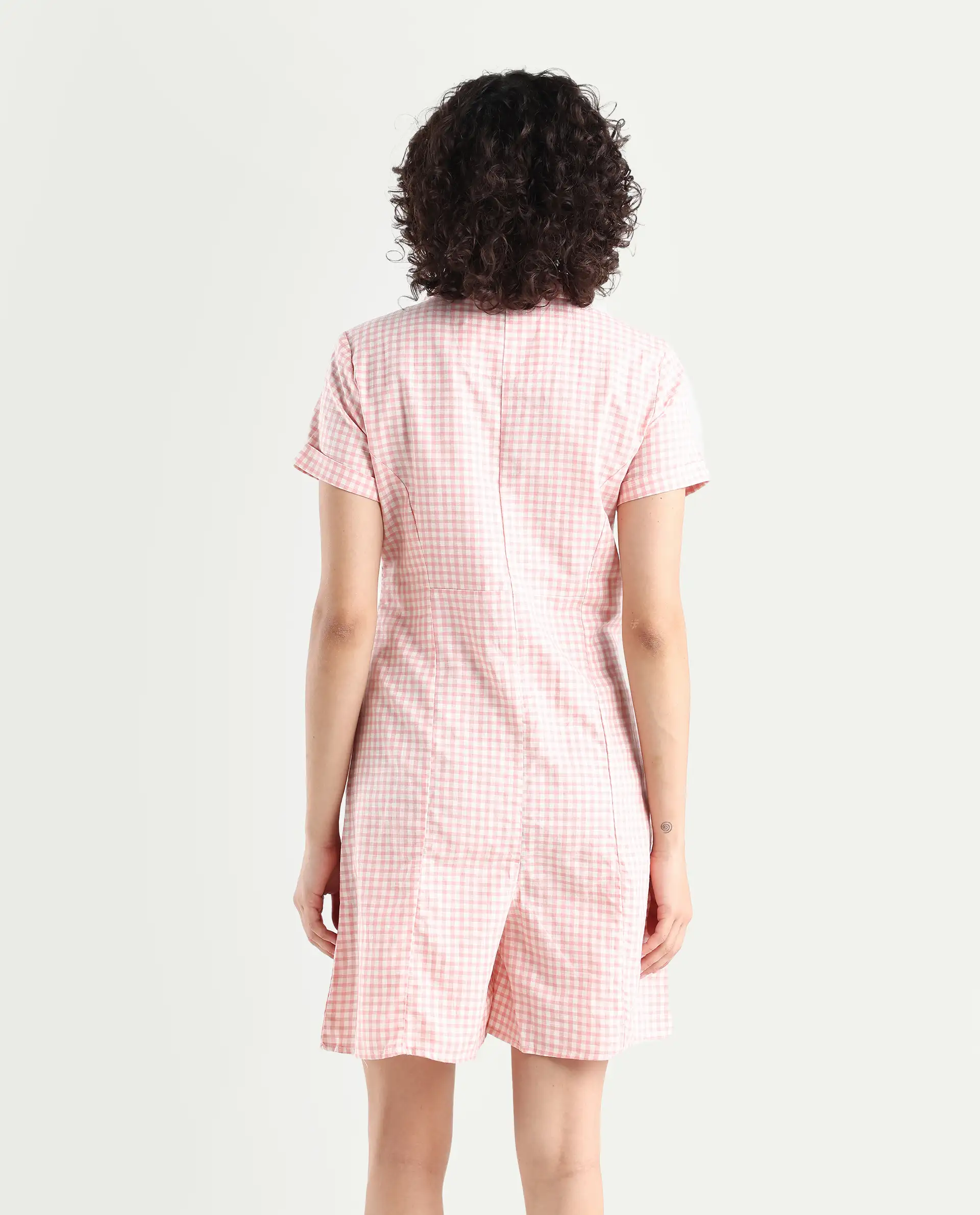 Rareism Women's Welt Peach Cotton Blend Lapel Neck Checked Regular Fit Playsuit - Image 7