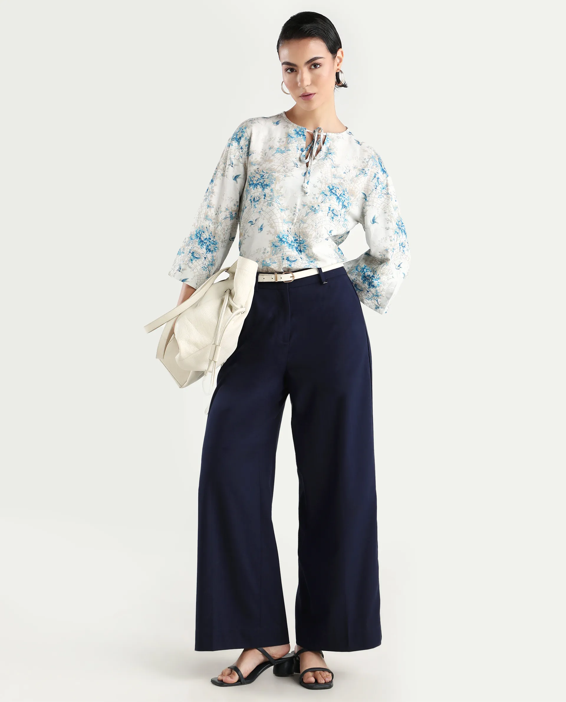 Rareism Women's Wemiso Dusky Blue Cotton Blend Tie-Up Neck Floral Print Bell Sleeve Regular Fit Top - Image 2