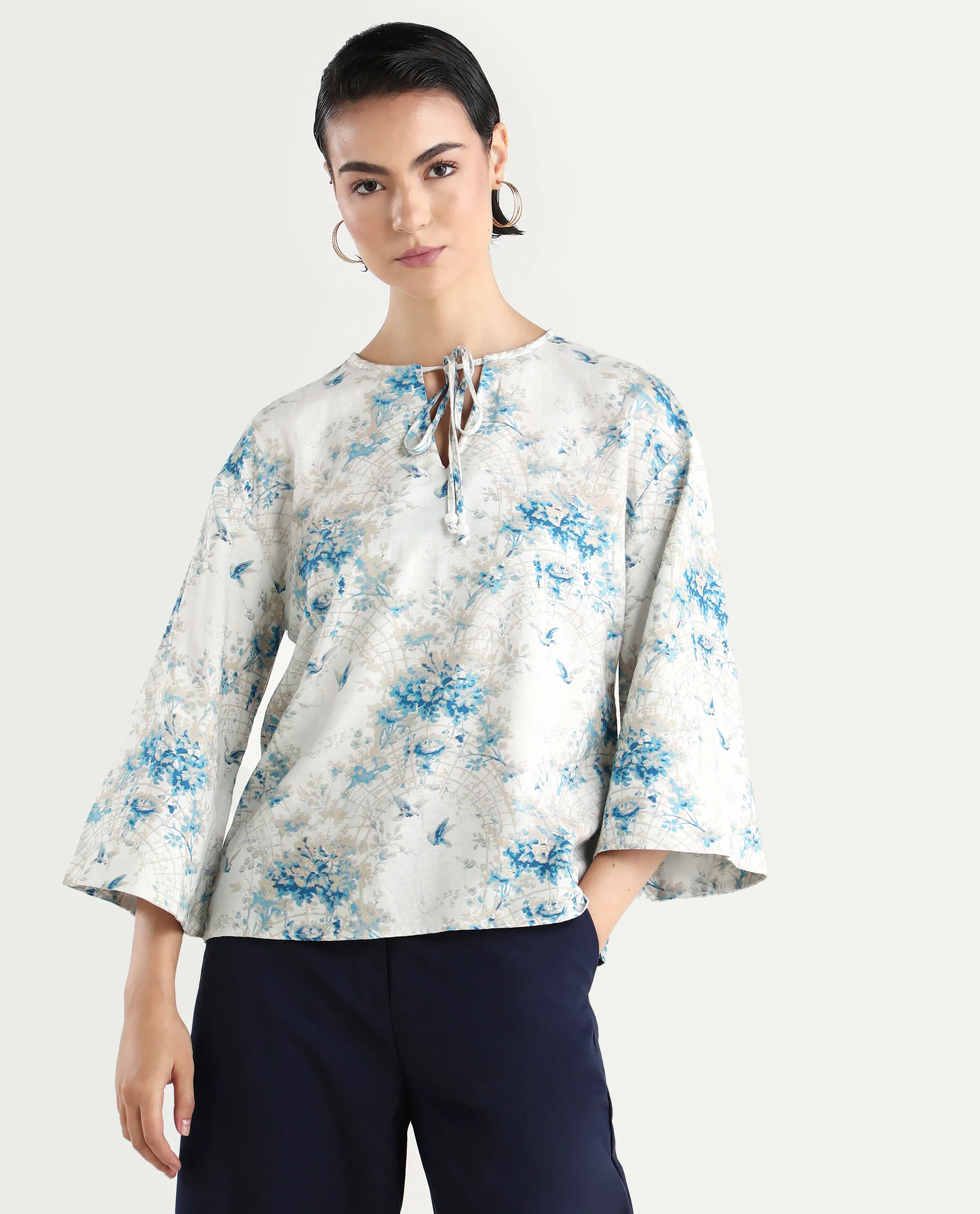 Rareism Women's Wemiso Dusky Blue Cotton Blend Tie-Up Neck Floral Print Bell Sleeve Regular Fit Top - Image 3