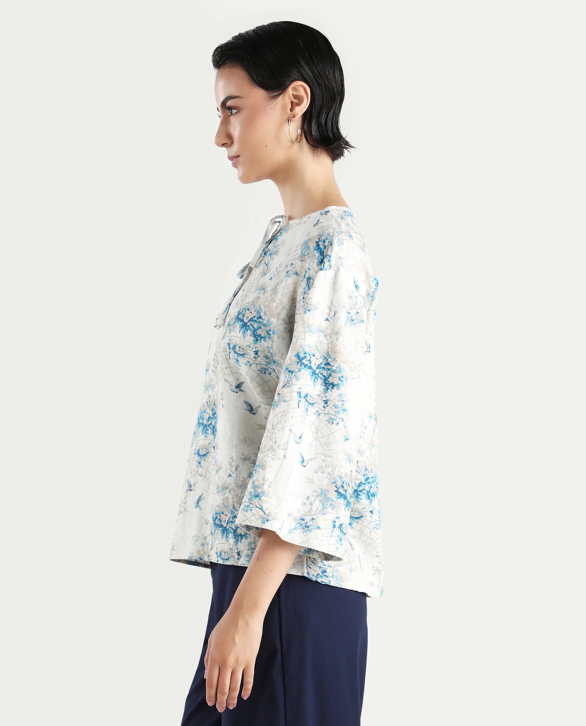 Rareism Women's Wemiso Dusky Blue Cotton Blend Tie-Up Neck Floral Print Bell Sleeve Regular Fit Top - Image 5