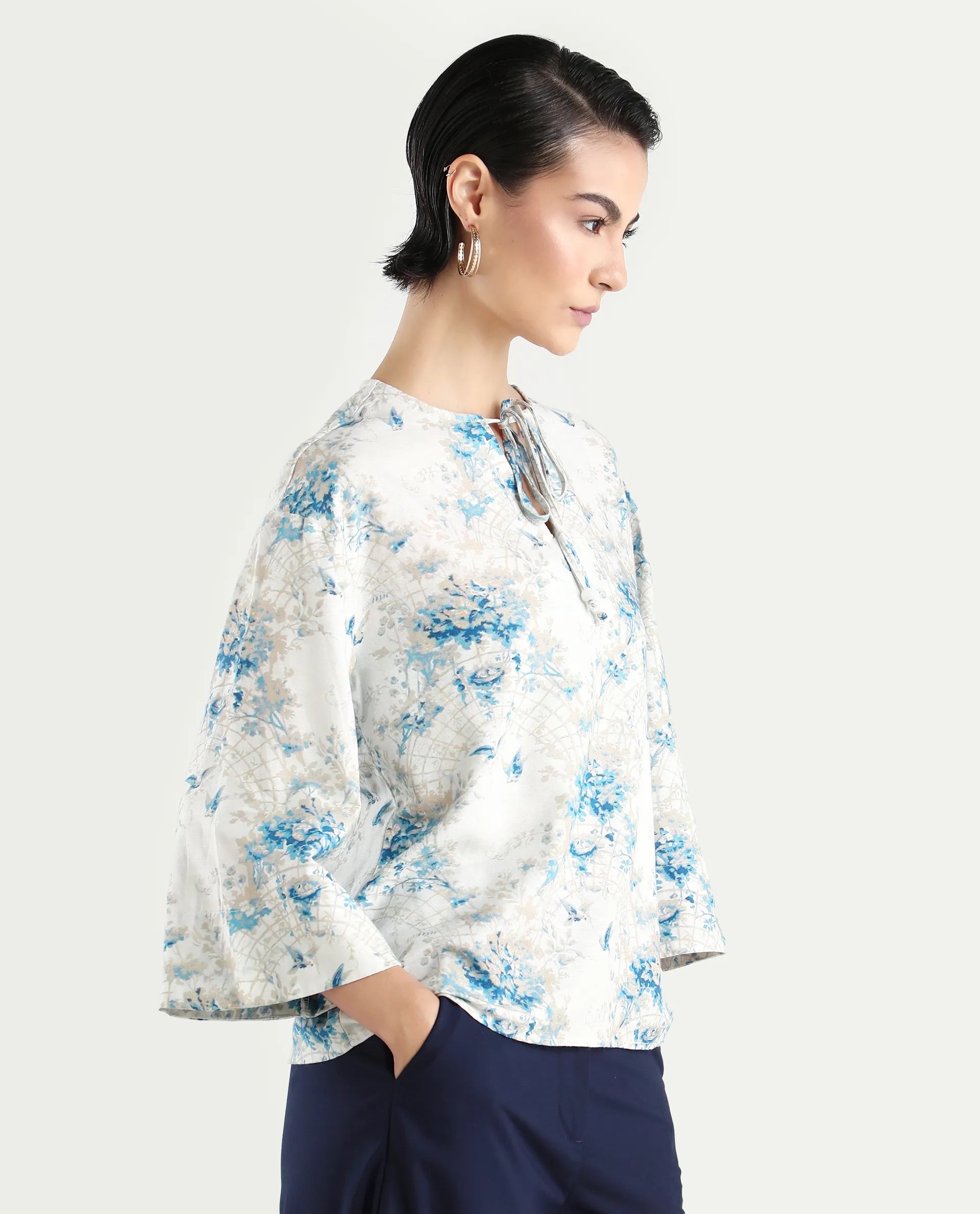 Rareism Women's Wemiso Dusky Blue Cotton Blend Tie-Up Neck Floral Print Bell Sleeve Regular Fit Top - Image 6