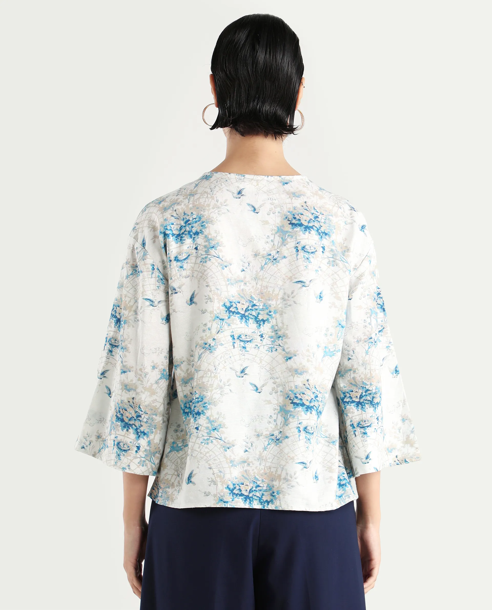 Rareism Women's Wemiso Dusky Blue Cotton Blend Tie-Up Neck Floral Print Bell Sleeve Regular Fit Top - Image 7