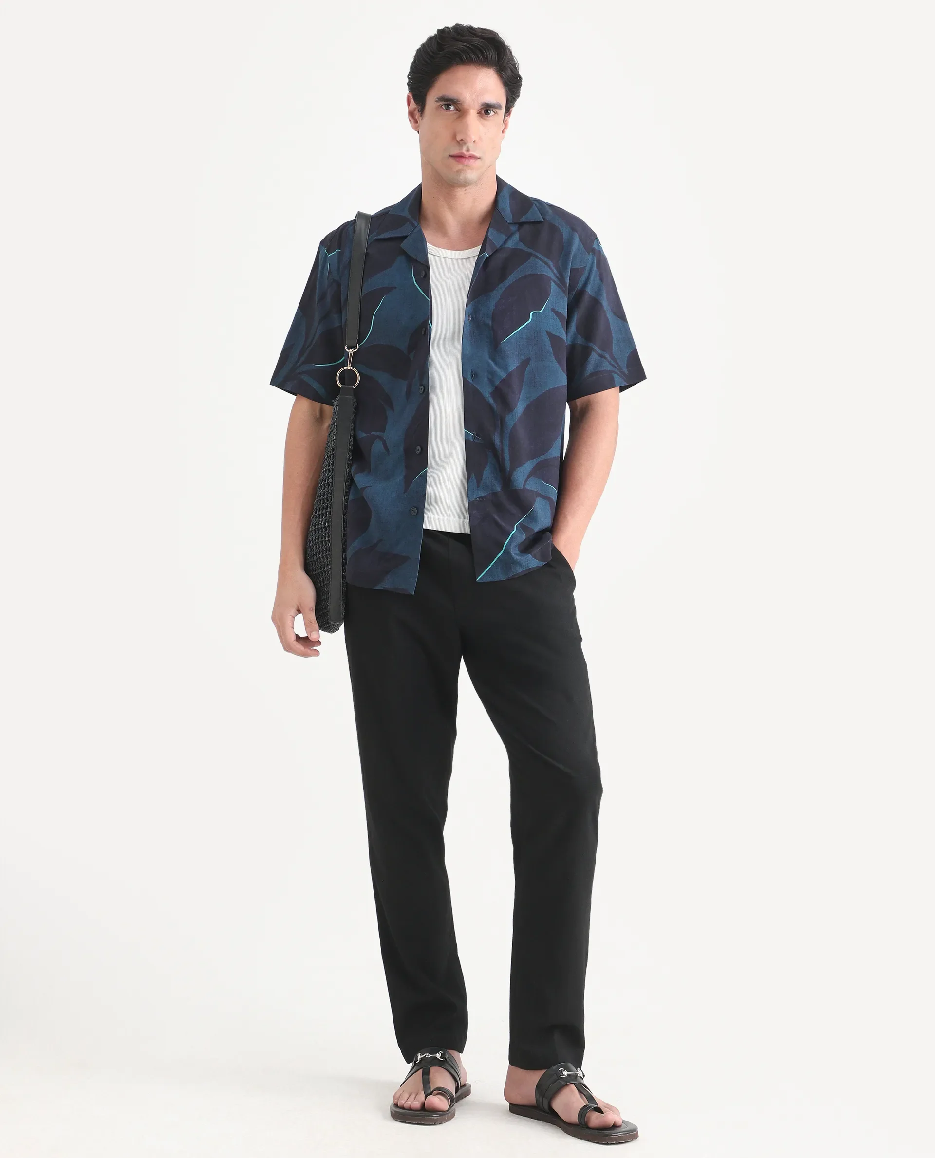 Rare Rabbit Men's Wesh Navy Viscose Fabric Half Sleeve Cuban Collar Regular Fit Tropical Print Shirt - Image 2