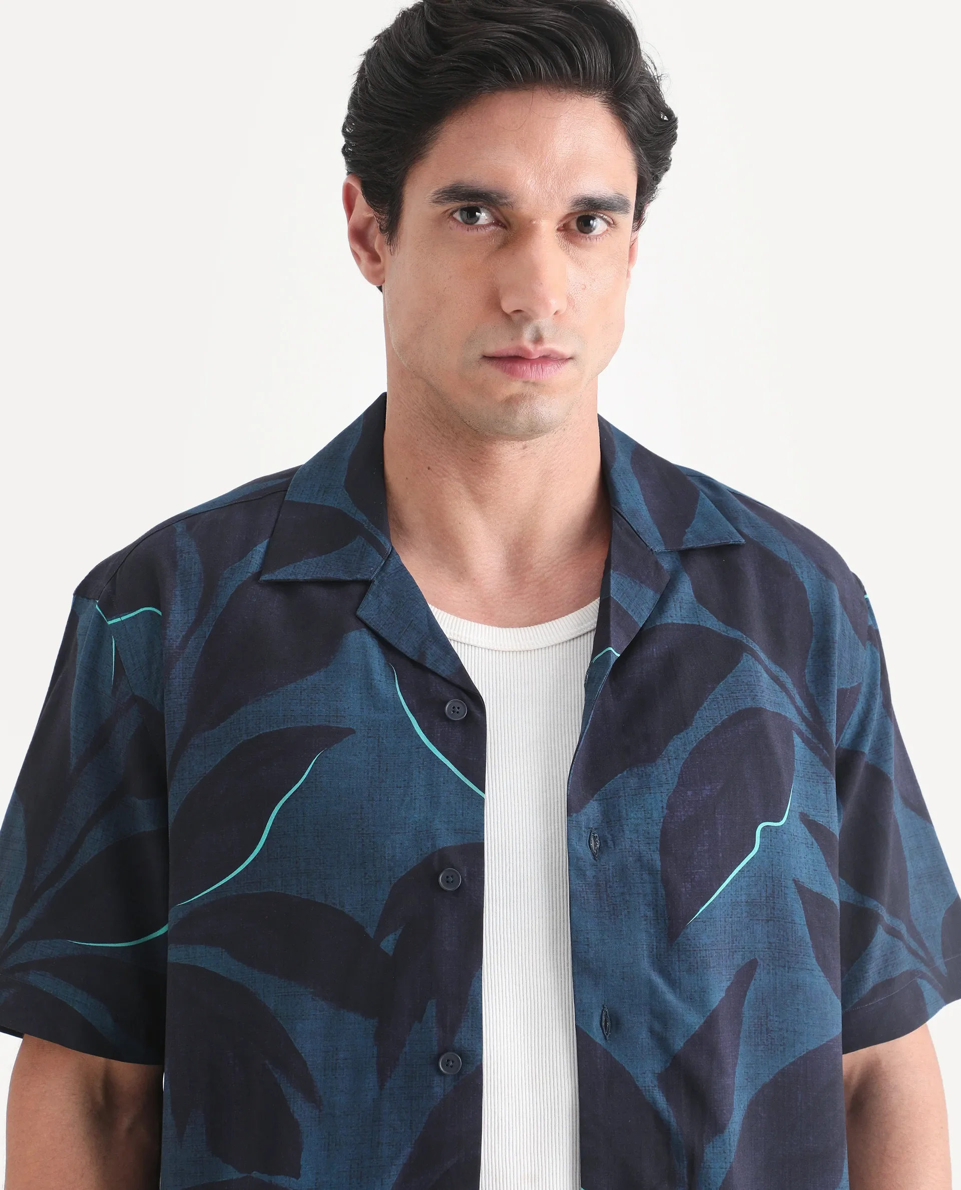 Rare Rabbit Men's Wesh Navy Viscose Fabric Half Sleeve Cuban Collar Regular Fit Tropical Print Shirt - Image 3