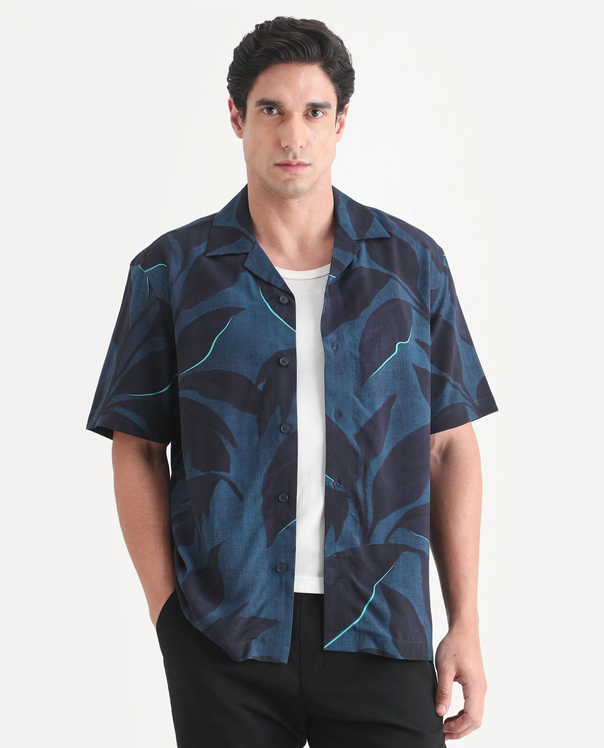 Rare Rabbit Men's Wesh Navy Viscose Fabric Half Sleeve Cuban Collar Regular Fit Tropical Print Shirt - Image 4