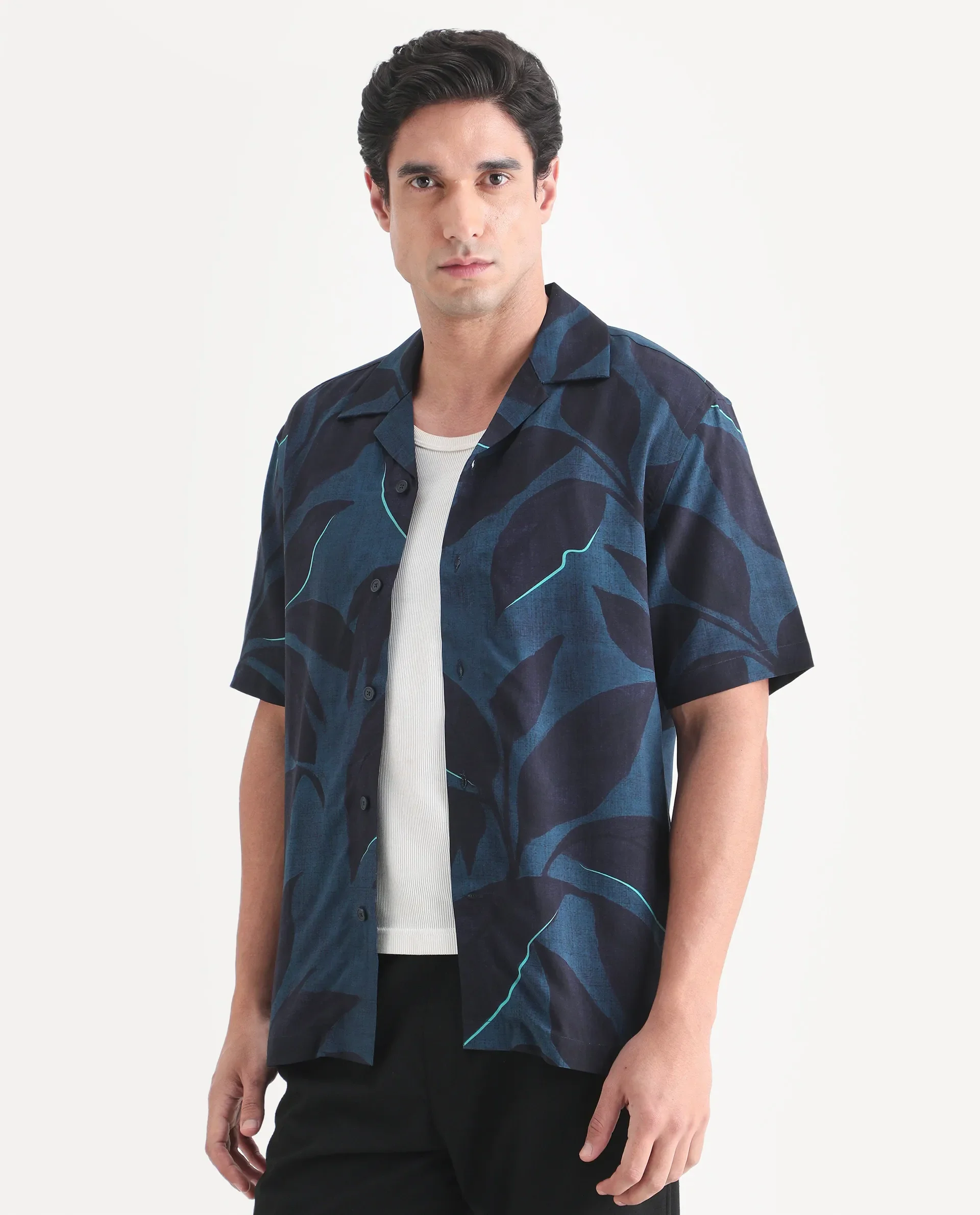 Rare Rabbit Men's Wesh Navy Viscose Fabric Half Sleeve Cuban Collar Regular Fit Tropical Print Shirt - Image 5