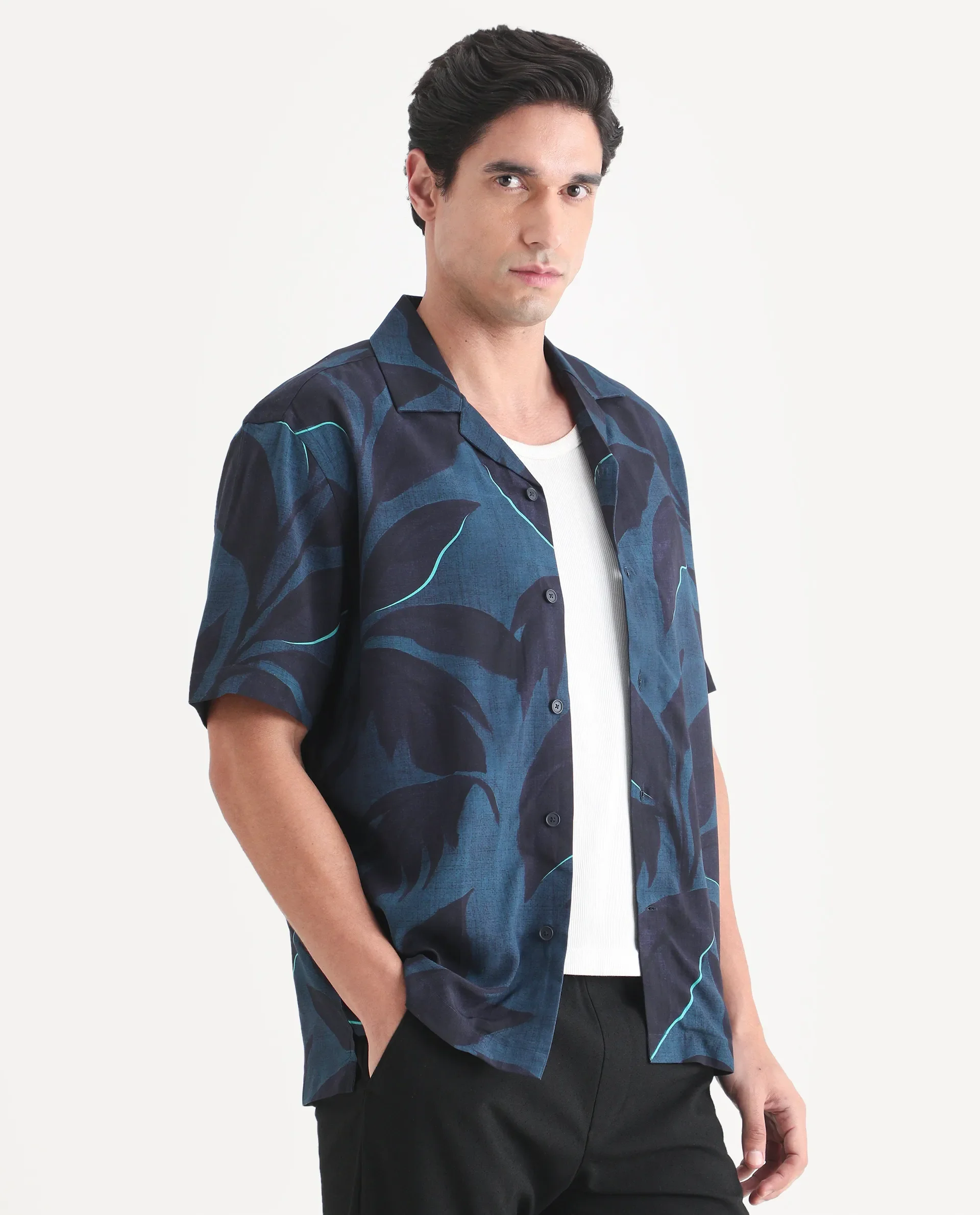 Rare Rabbit Men's Wesh Navy Viscose Fabric Half Sleeve Cuban Collar Regular Fit Tropical Print Shirt - Image 6