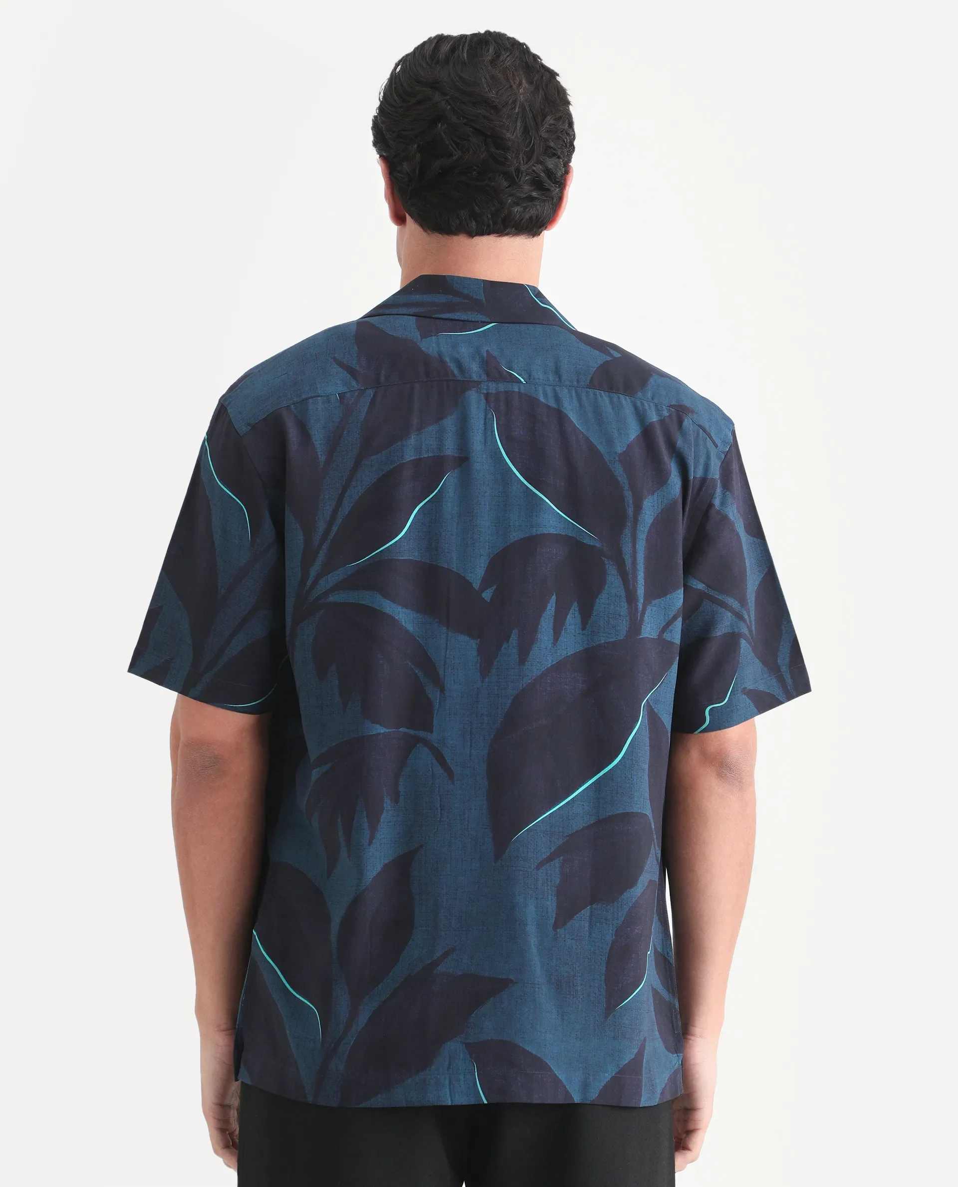 Rare Rabbit Men's Wesh Navy Viscose Fabric Half Sleeve Cuban Collar Regular Fit Tropical Print Shirt - Image 7
