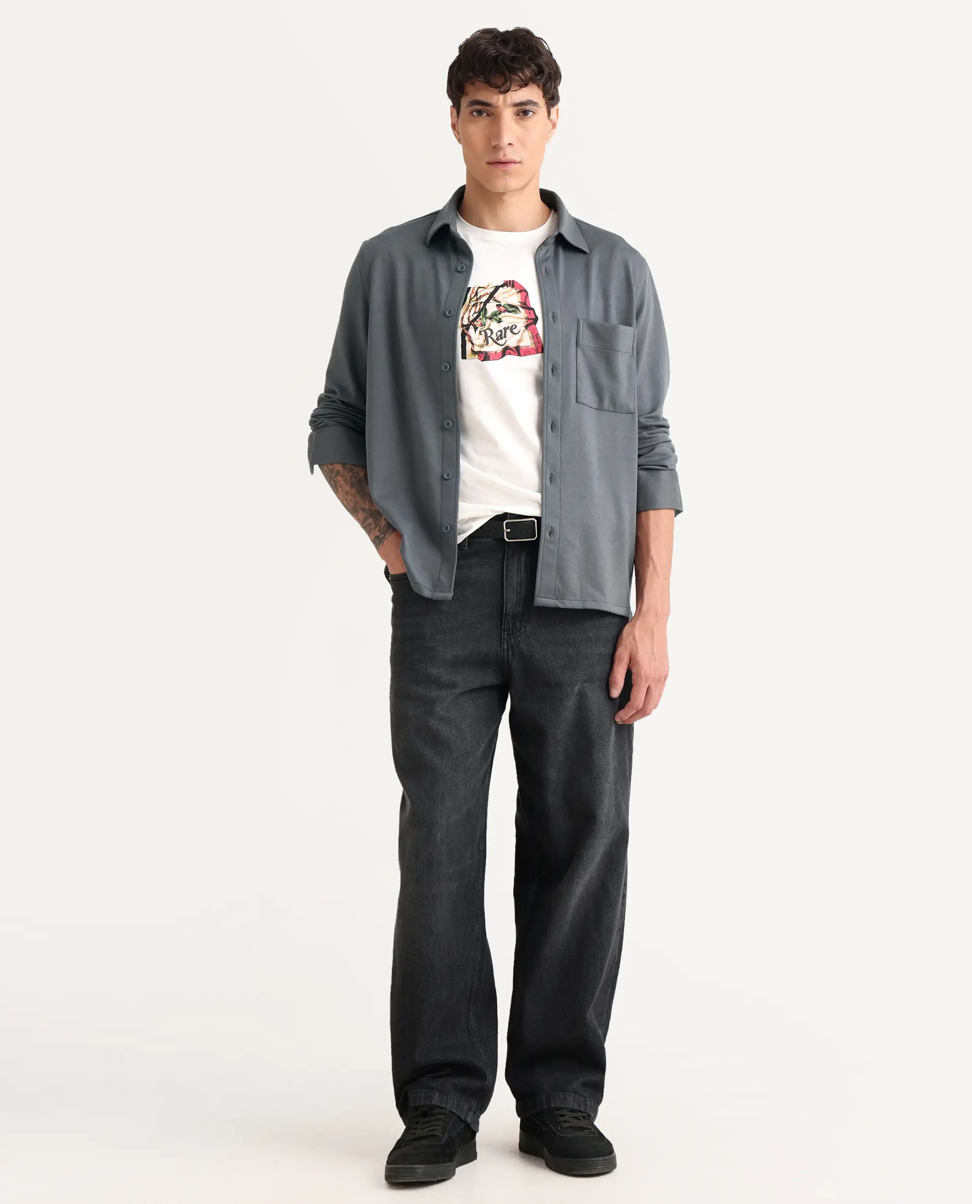 Rare Rabbit Men's Wesk Dark Grey Polyester Blend Spread Collar Regular Fit Plain Shirt - Image 2