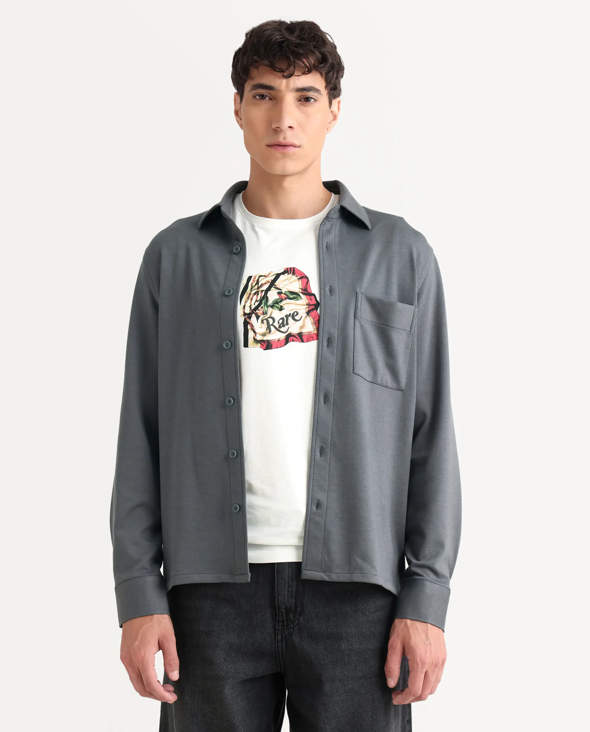 Rare Rabbit Men's Wesk Dark Grey Polyester Blend Spread Collar Regular Fit Plain Shirt - Image 4